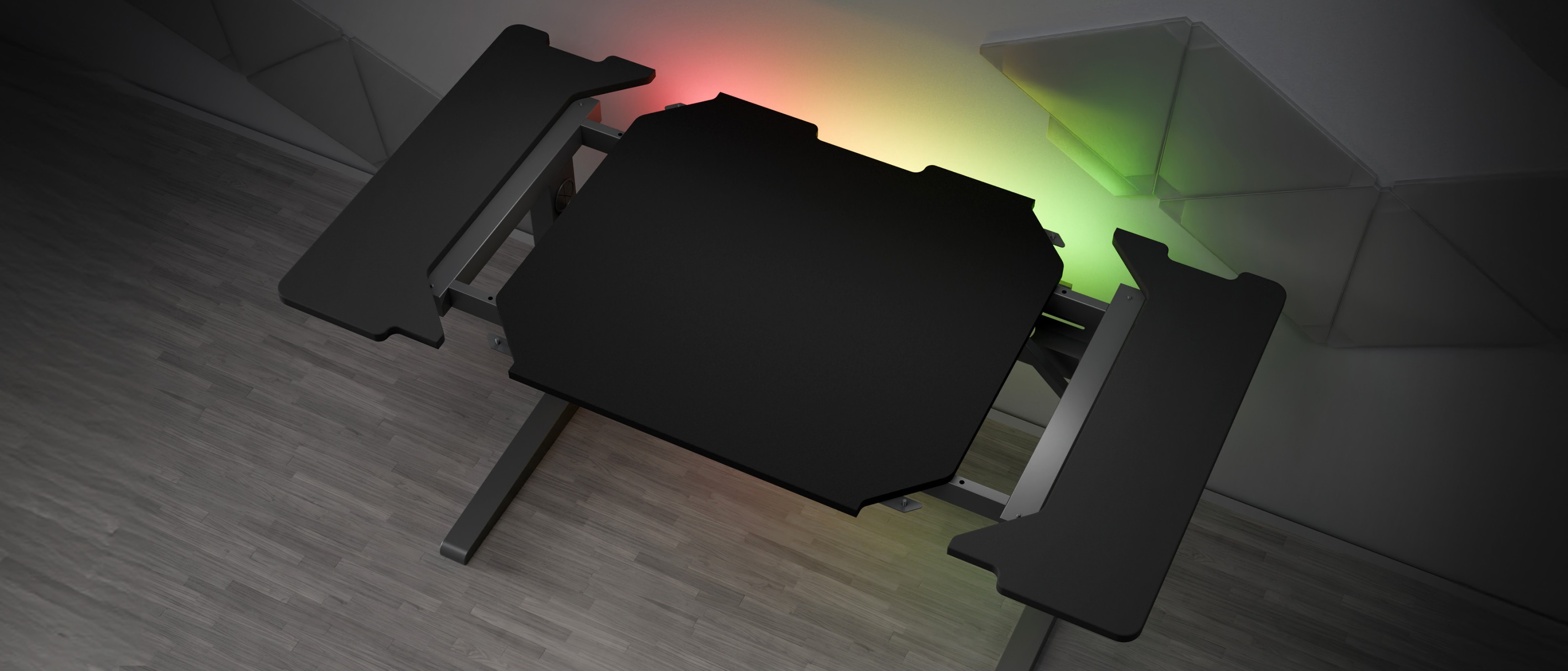 Fixation modulaire du bureau latéral droit pour le Genesis Holm, avec une surface noire élégante et un éclairage LED personnalisable.
