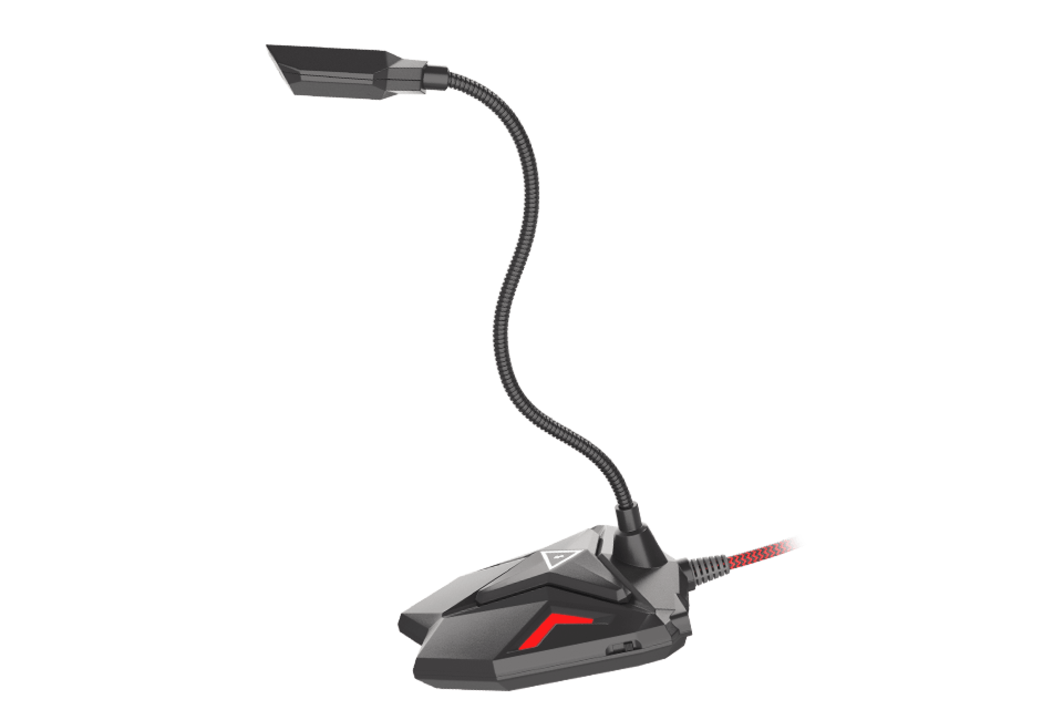 Microphone noir avec un cou flexible et une base solide, présentant un accent rouge sur le côté.