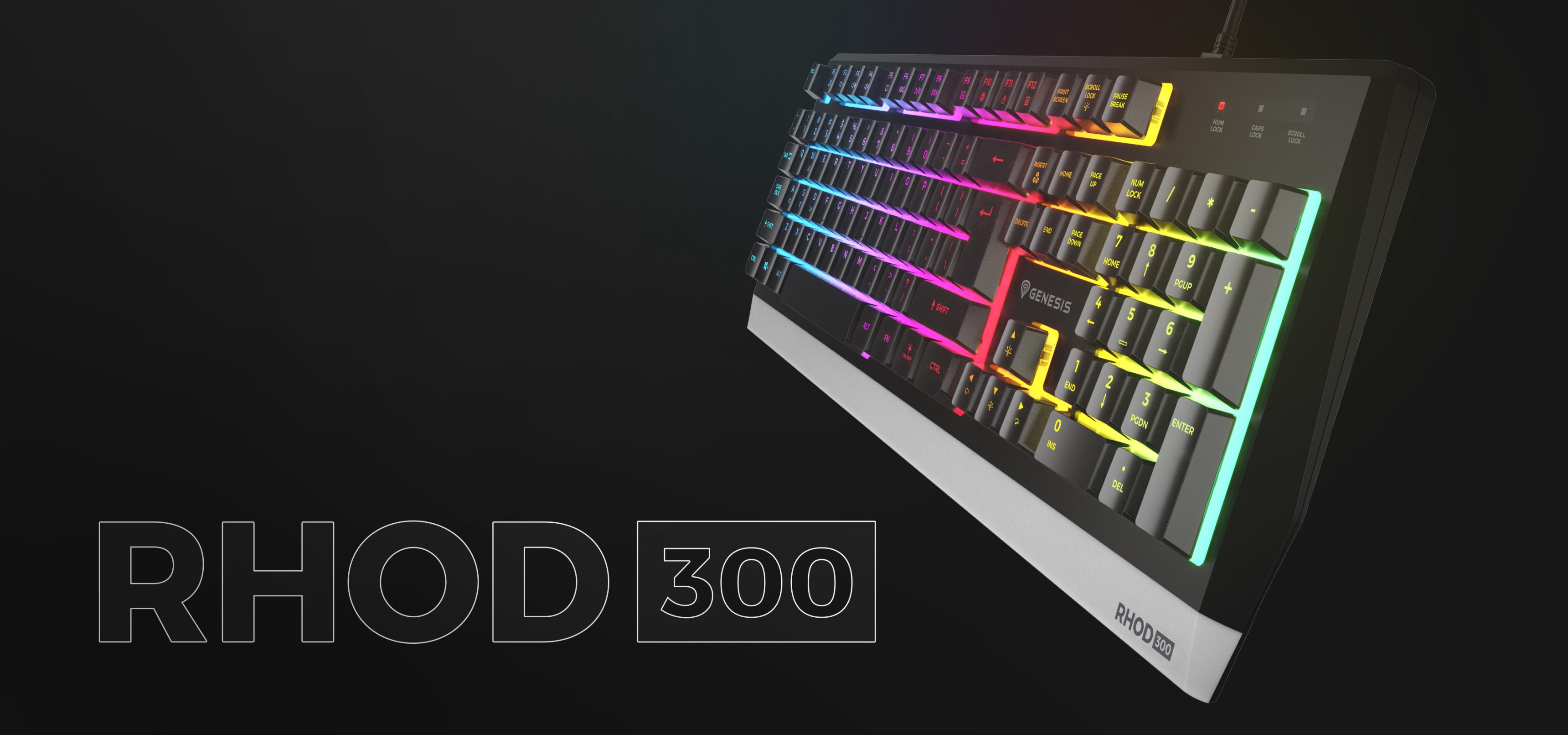 Clavier de jeu coloré RGB Genesis Rhod 300 avec touches illuminées, vue en angle mettant en valeur les effets lumineux vibrants.