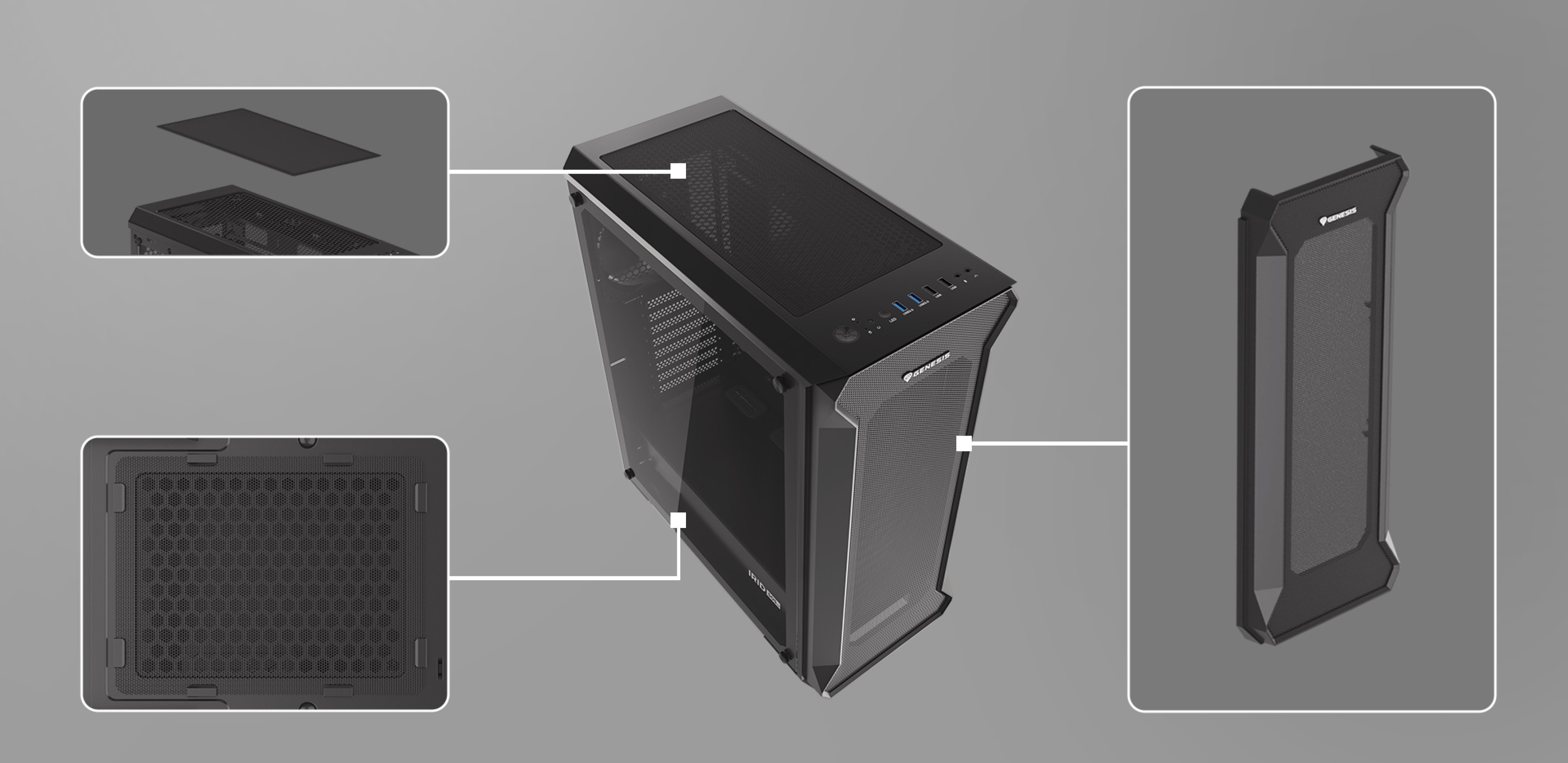 Boîtier tour MIDI Genesis Irid 505 V2 noir avec un panneau latéral transparent et des composants mis en évidence pour l'assemblage.