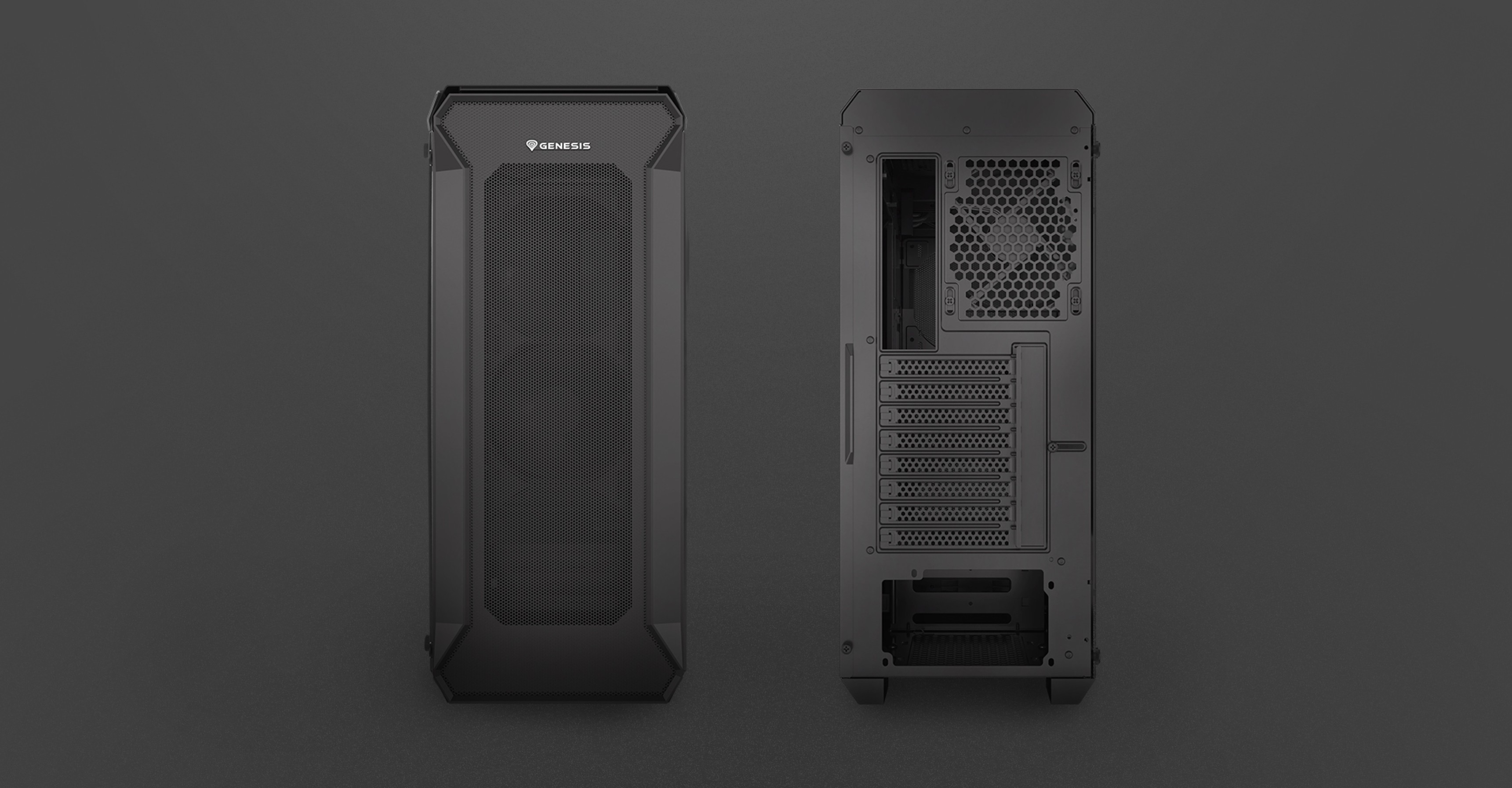Boîtier PC tour MIDI Genesis Irid 505 V2 noir avec panneau latéral transparent et grilles de ventilation.