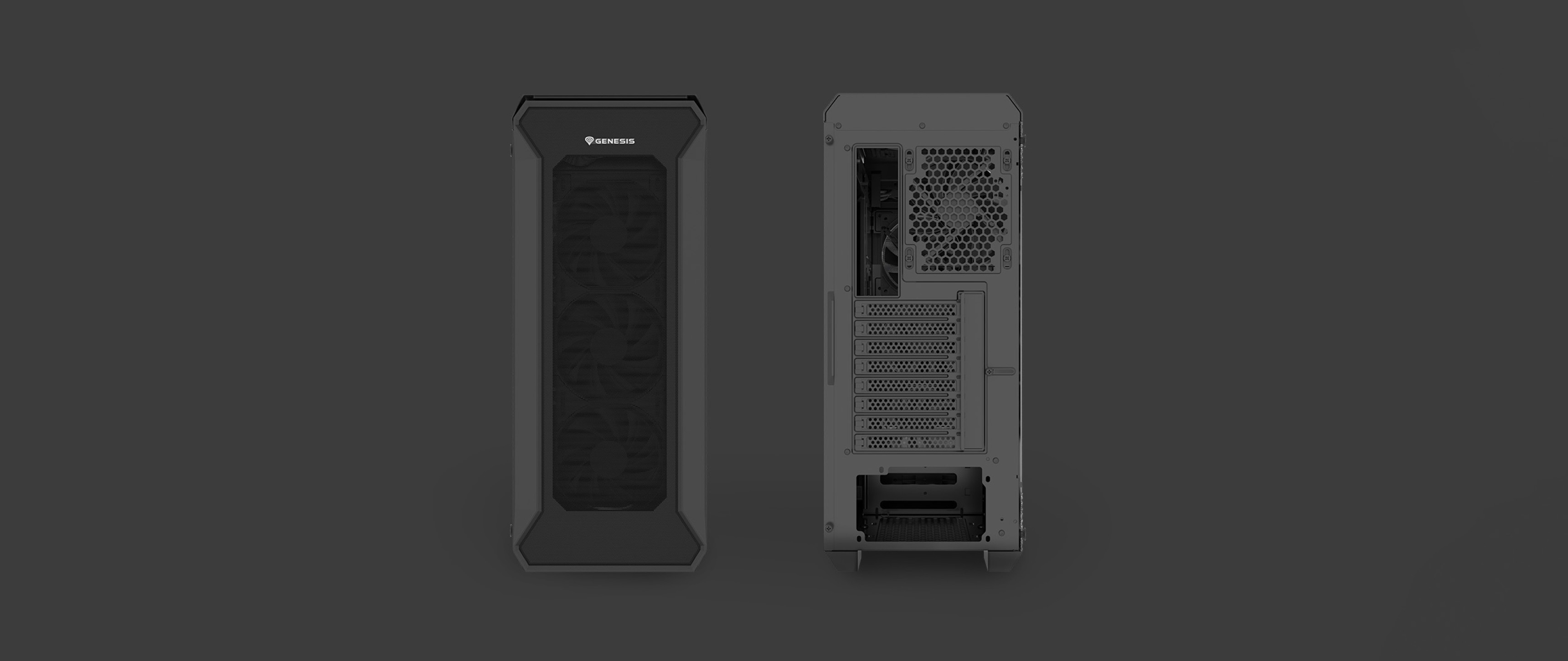 Boîtier tour MIDI Genesis Irid 505F noir doté d'un panneau latéral transparent et de diverses options de connectivité à l'arrière.
