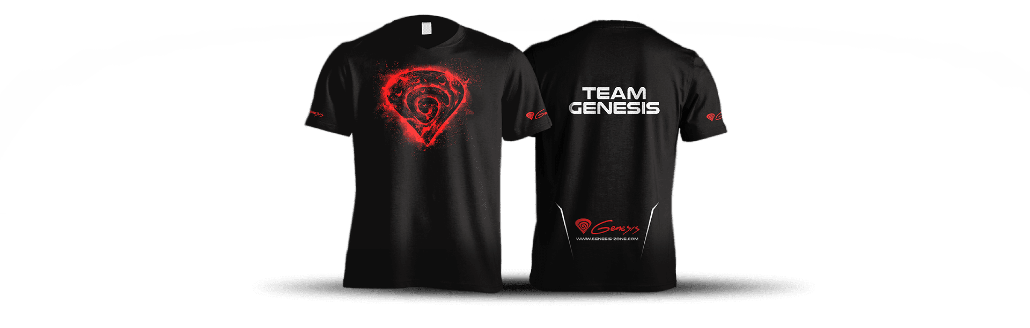 T-shirt noir avec le logo de l'ours rouge sur le devant et le texte "TEAM GENESIS" au dos. Taille S