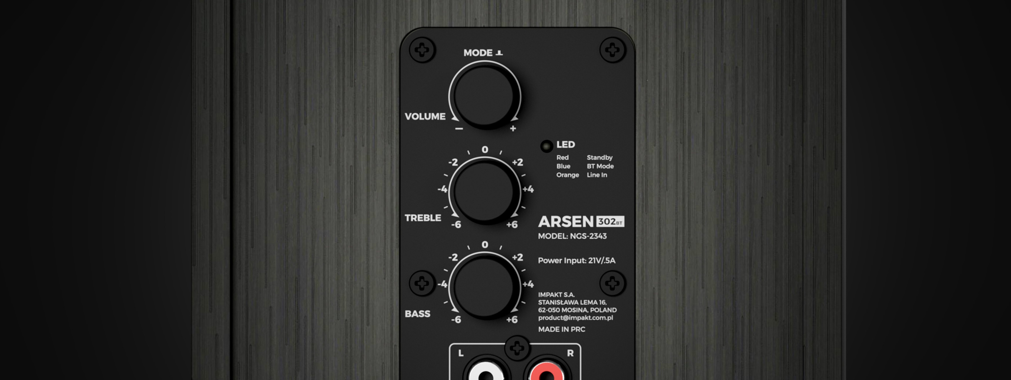 Panneau de commande du GŁOŚNIKI GENESIS ARSEN 302BT avec des boutons pour le volume, les aigus, les basses et les connexions d'entrée sur une surface noire texturée.