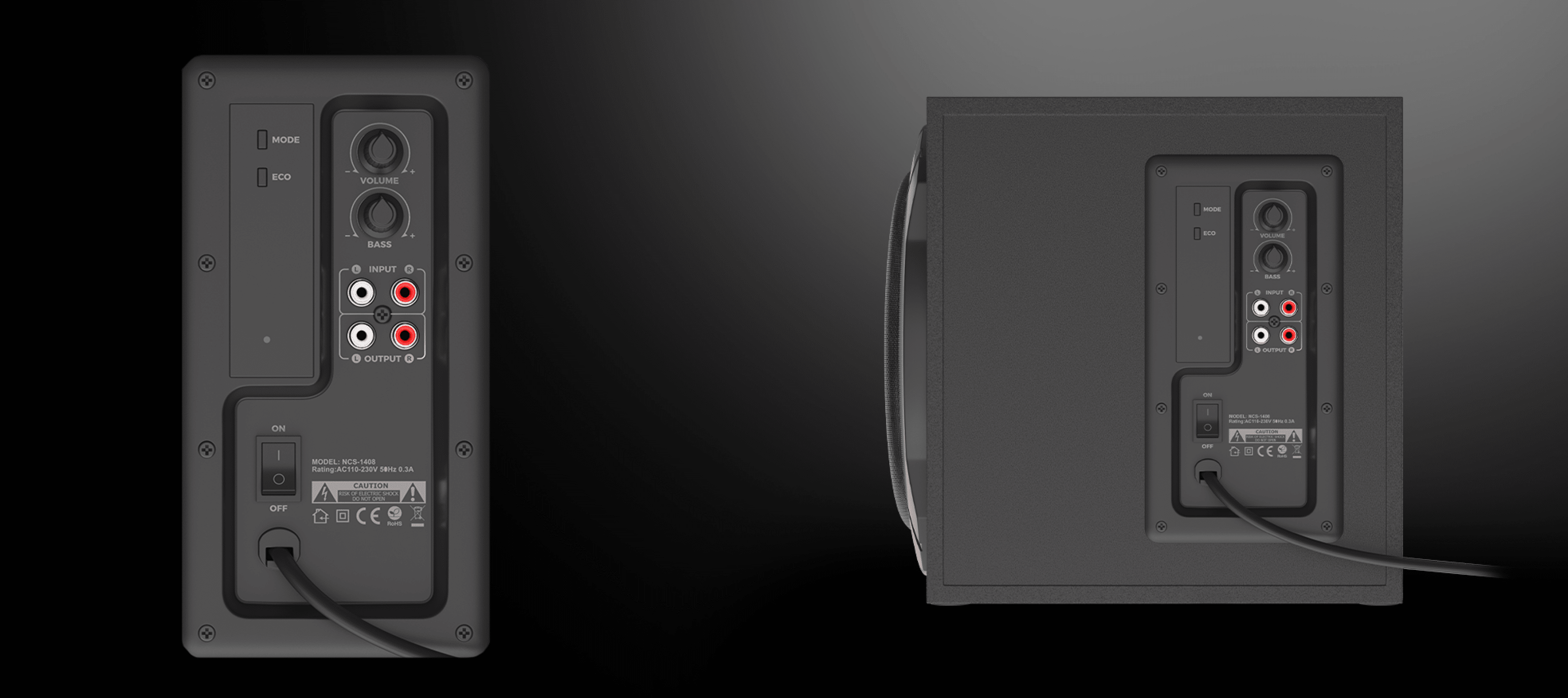 Vue arrière des enceintes Genesis Helium 610BT montrant les ports de connexion et l'entrée du câble pour le système 2.1.