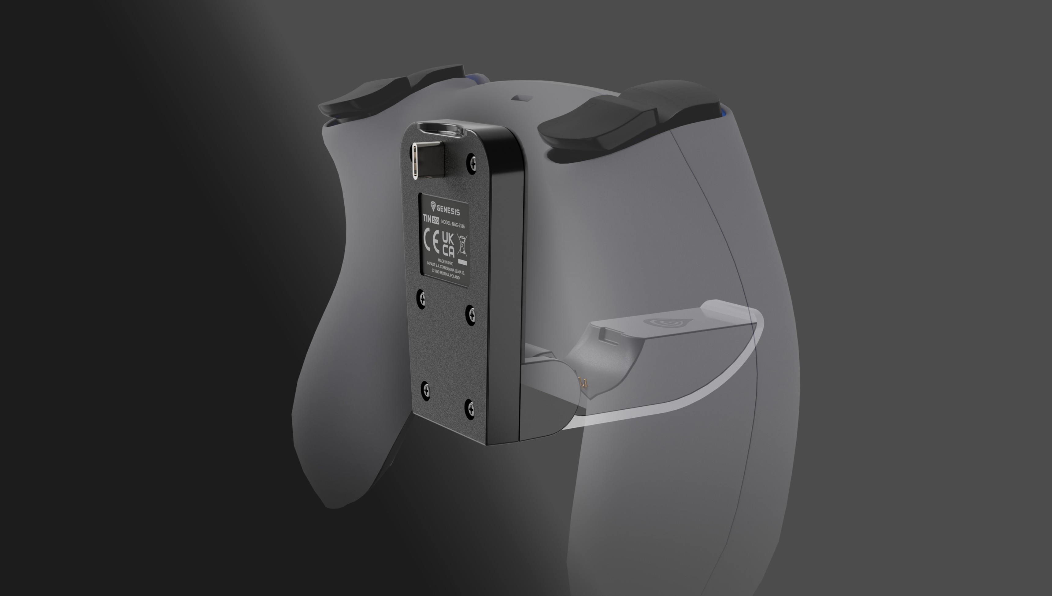 Chargeur pour manette Genesis Tin 300 compatible avec la PS5, montrant un port de connexion et un alignement au dos de la manette.