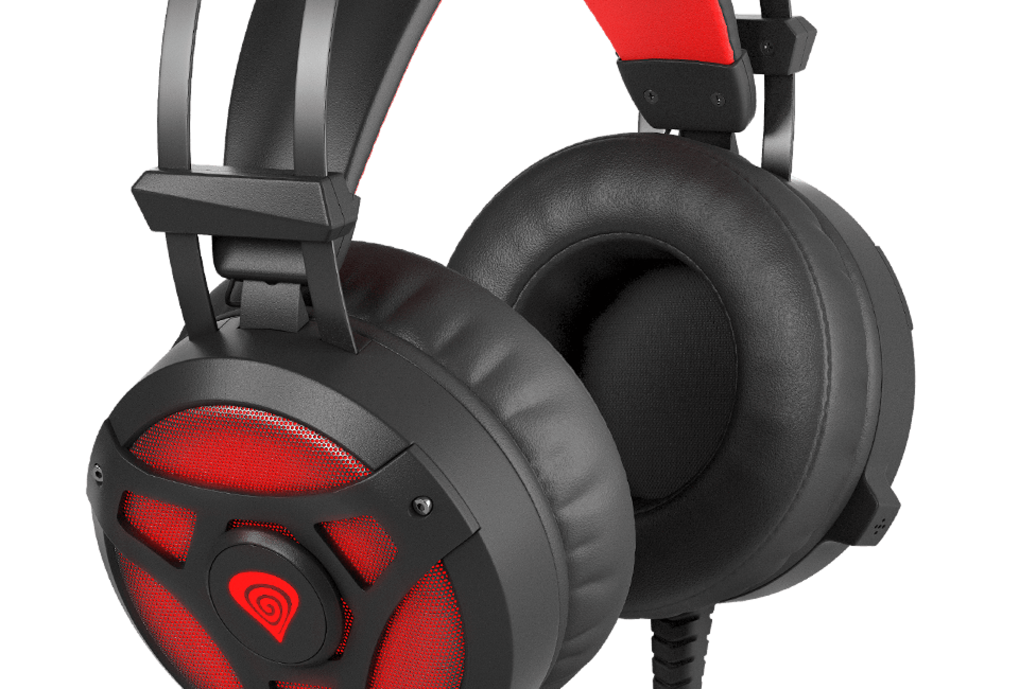 Casque supra-auriculaire noir et rouge avec microphone et design lumineux, doté d'oreillettes rembourrées pour plus de confort.