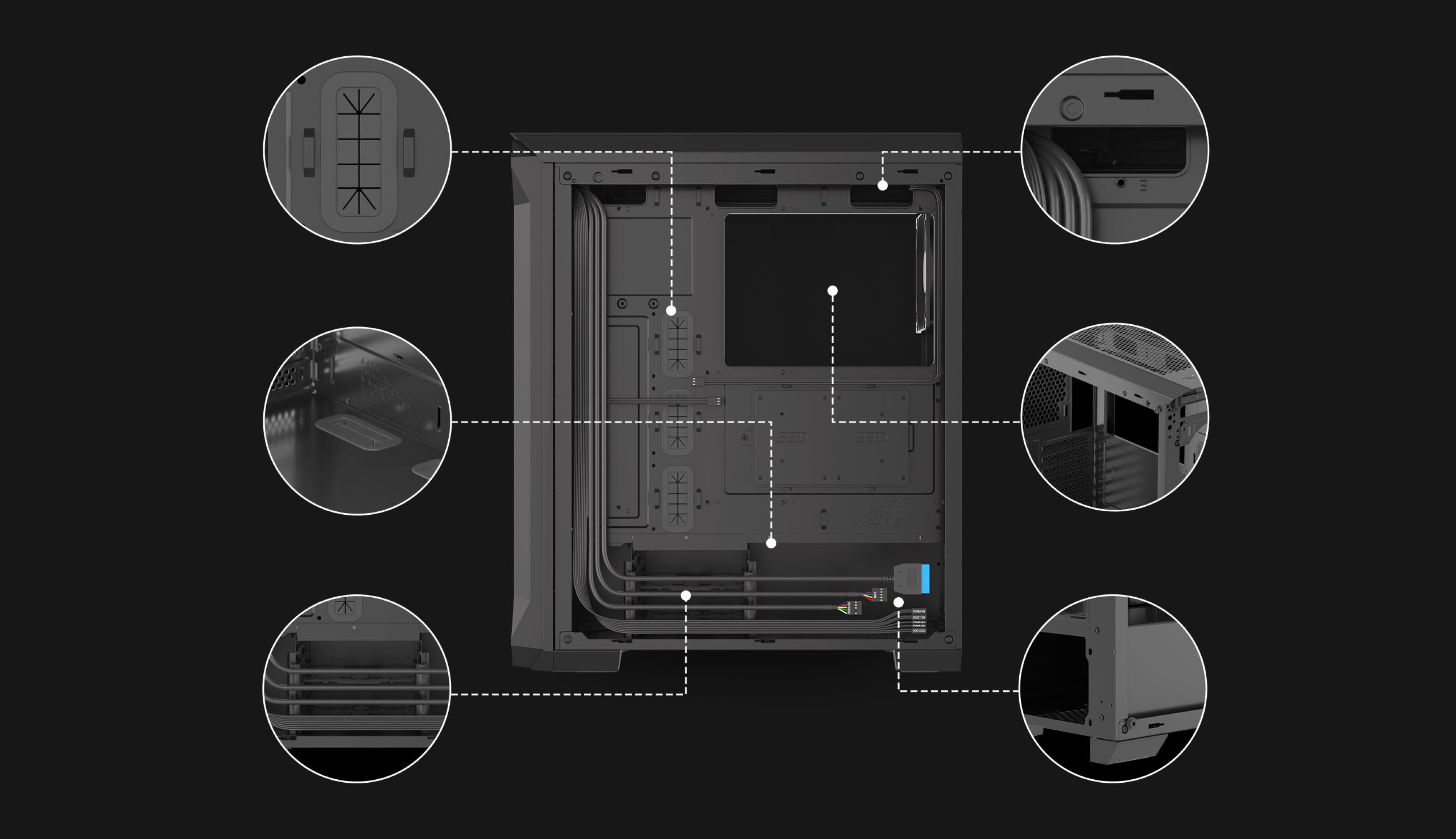 Boîtier Midi Tower Genesis Irid 505F noir avec fenêtre latérale, présentant l'agencement interne et les caractéristiques de conception.