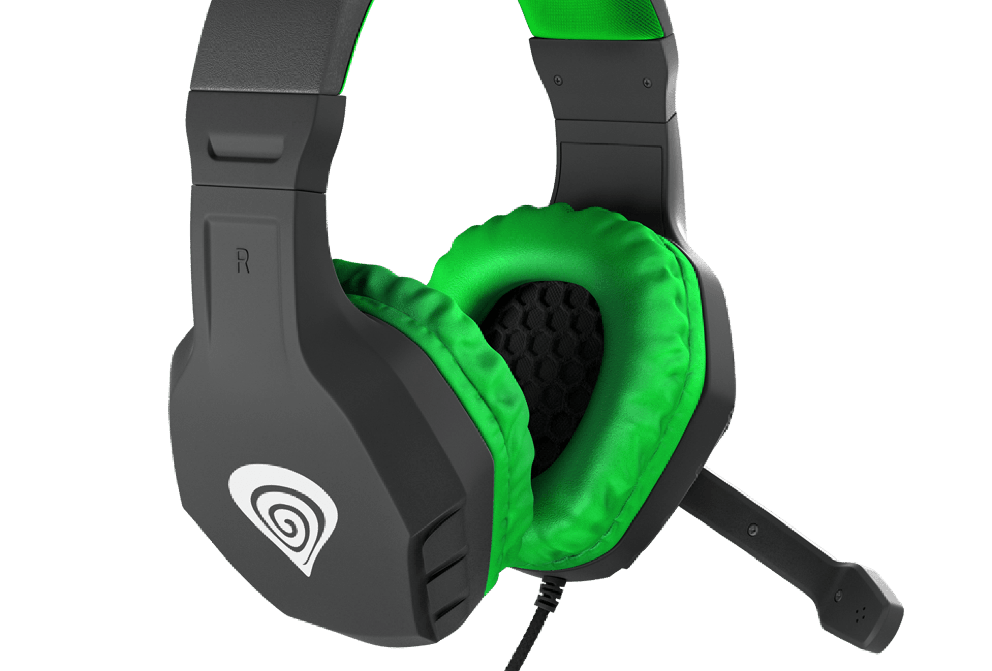 Casque supra-auriculaire Genesis Argon 200 noir et vert avec microphone réglable et coussinets rembourrés.