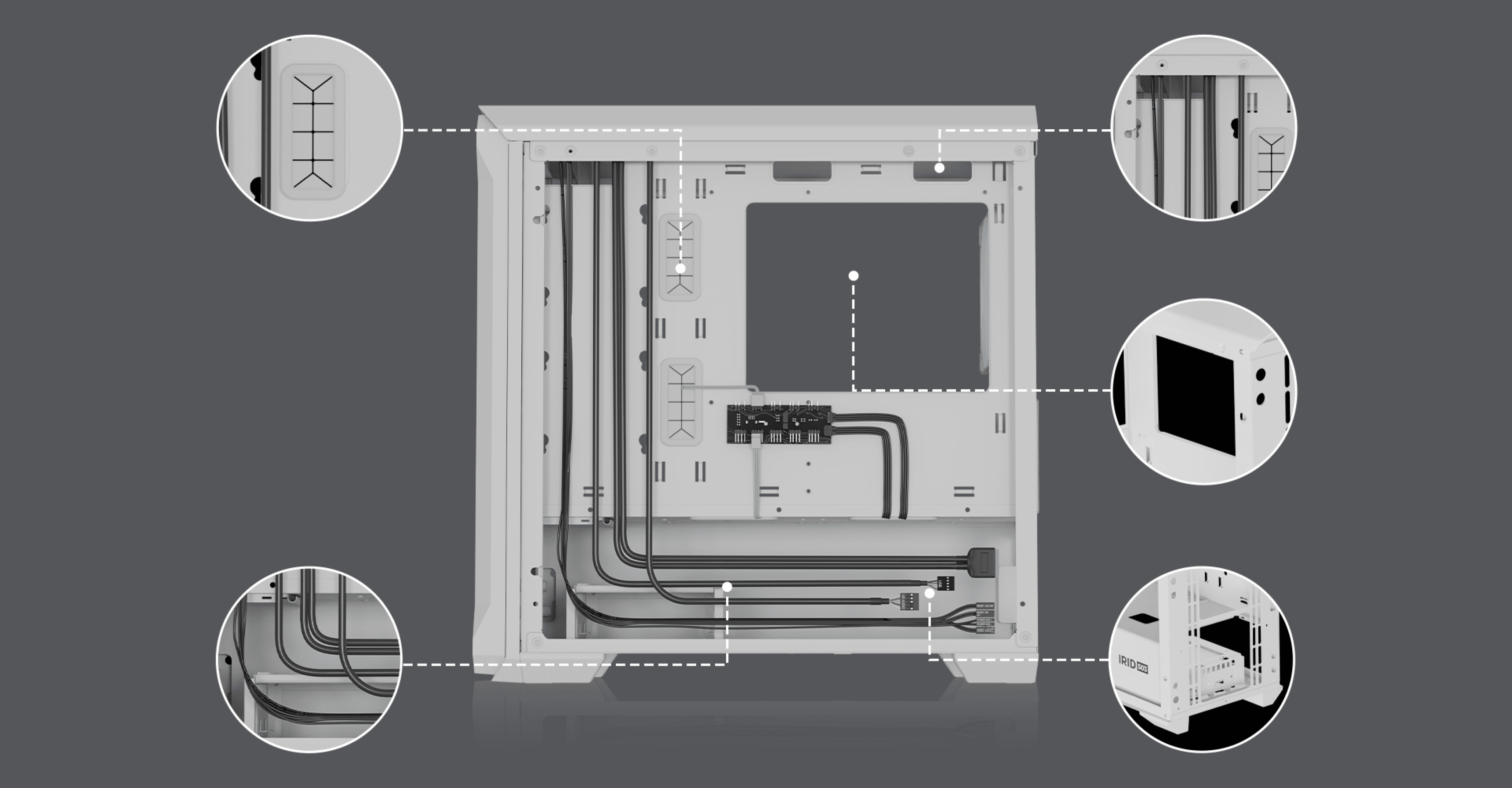 Le mini boîtier Genesis Irid 503 ARGB Lite MATX blanc présente un design ouvert avec des options de gestion des câbles et une grande fenêtre latérale.