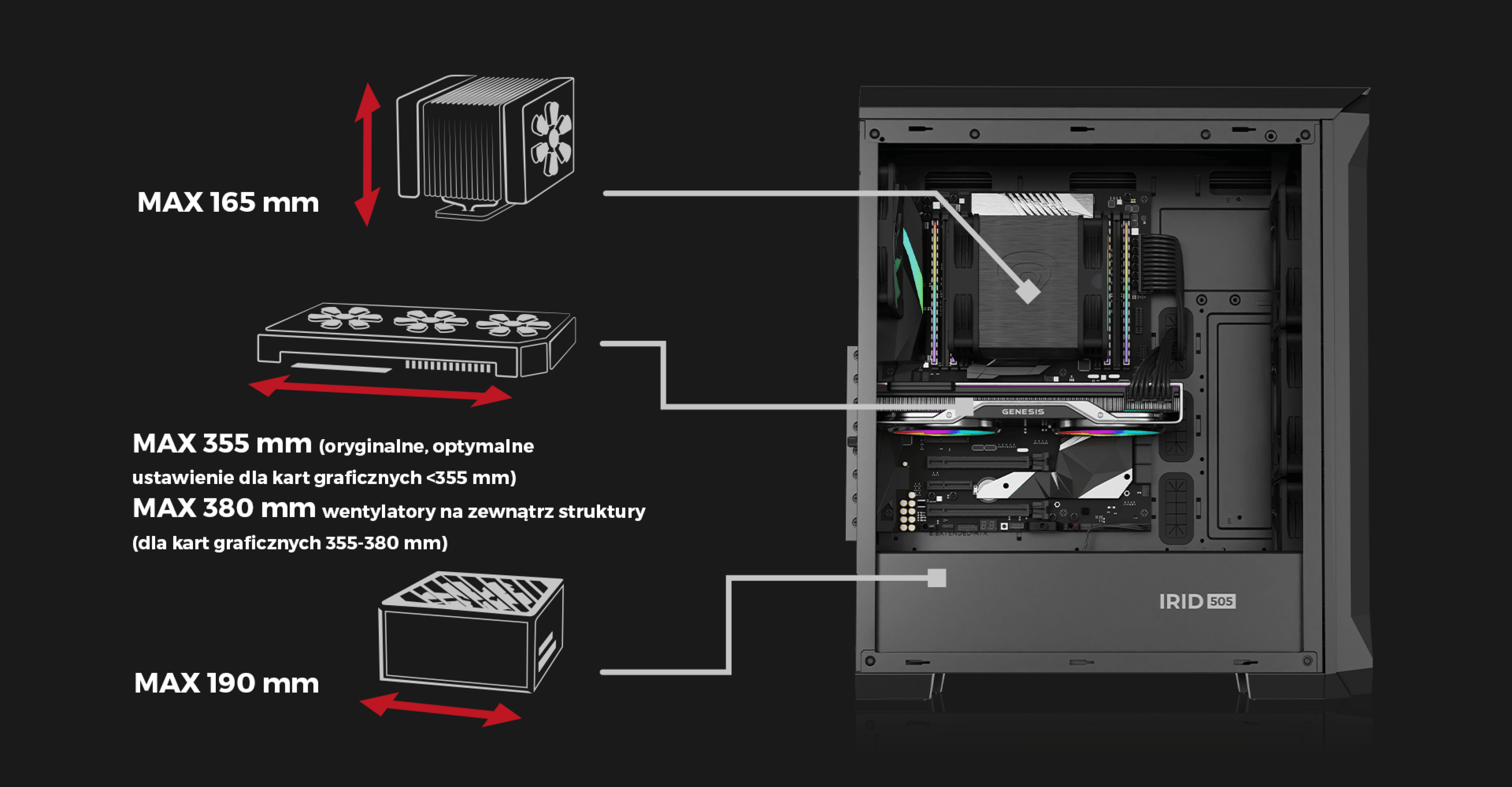 Boîtier tour midi Genesis Irid 505 ARGB V2 noir avec des tailles de composants maximales définies pour le refroidissement et les cartes graphiques.