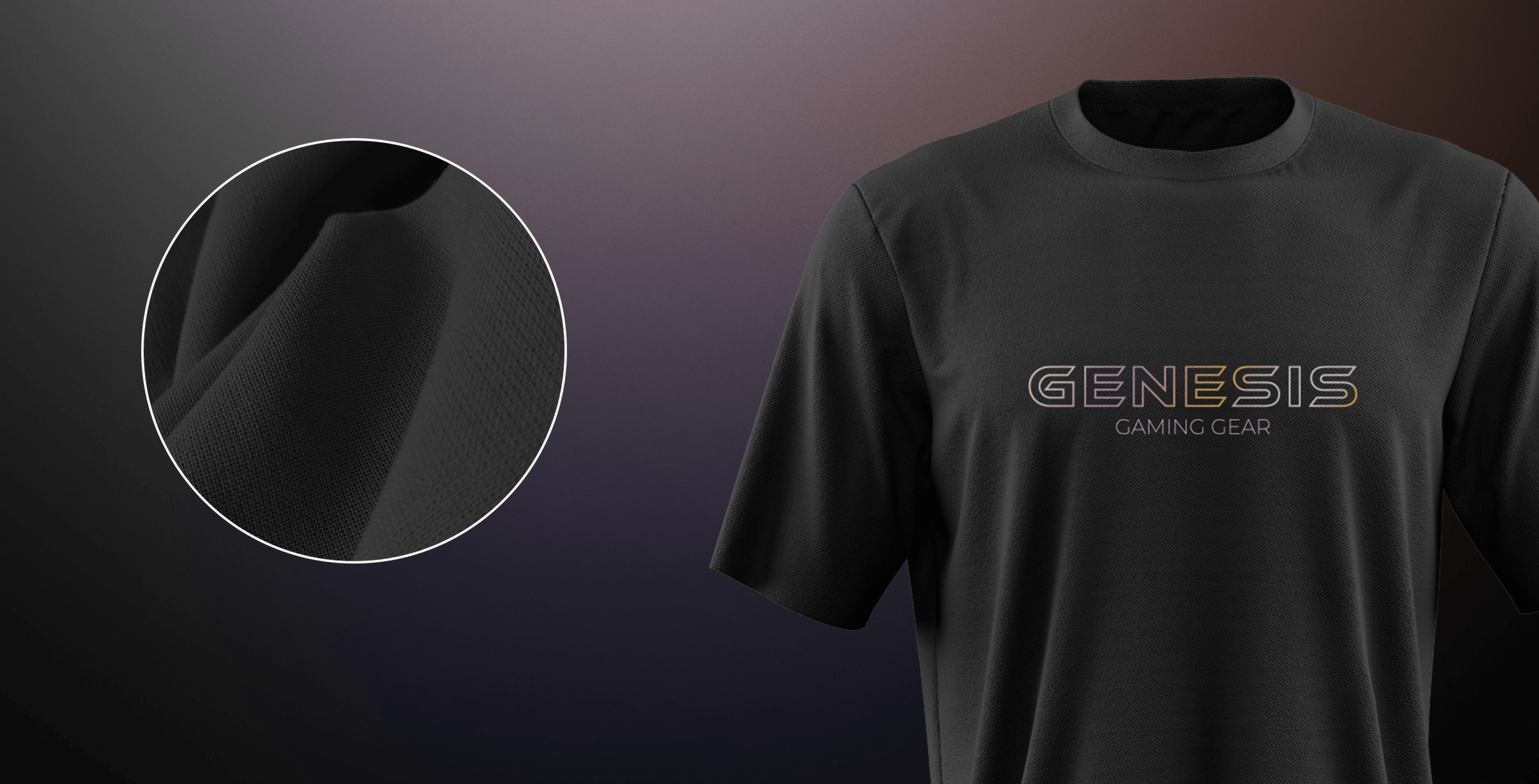 T-shirt noir portant le logo "GENESIS GAMING GEAR" en lettres holographiques colorées. Gros plan sur la texture du tissu affiché.