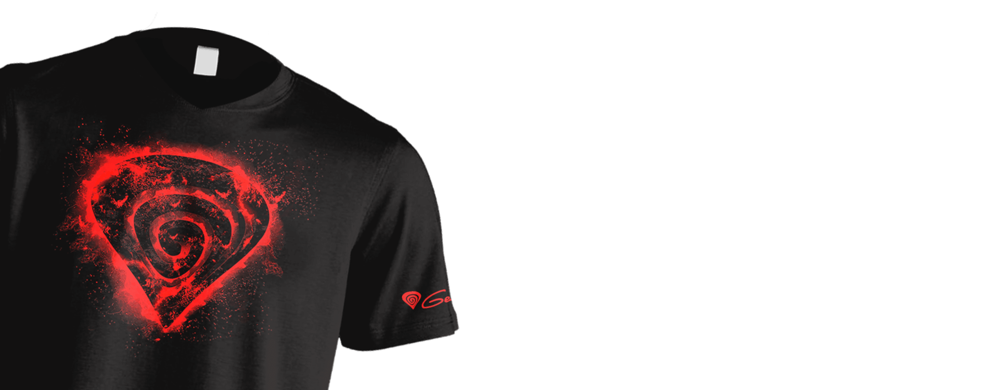 T-shirt noir comportant un motif tourbillonnant rouge vibrant sur le devant, taille S.