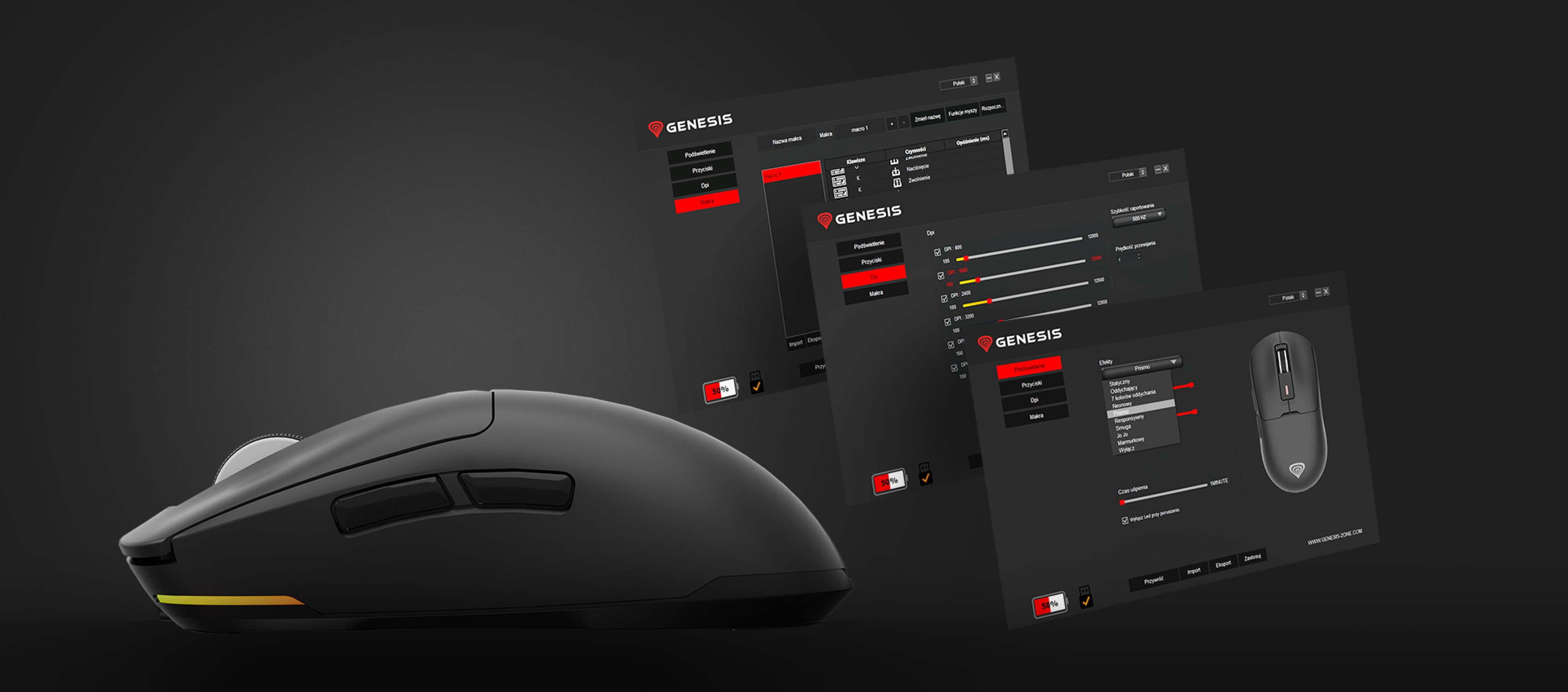 Souris de jeu sans fil Genesis Zircon 660, dotée de paramètres personnalisables sur fond noir avec interface logicielle.