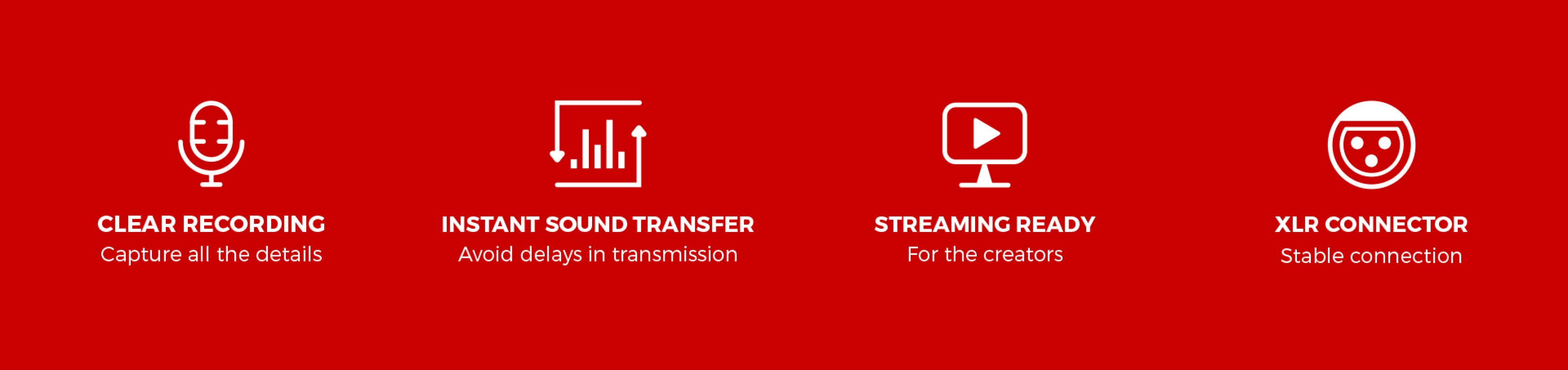Graphique mettant en valeur les caractéristiques du microphone Genesis Radium 300 : enregistrement clair, transfert instantané du son, préparation au streaming et connecteur XLR.