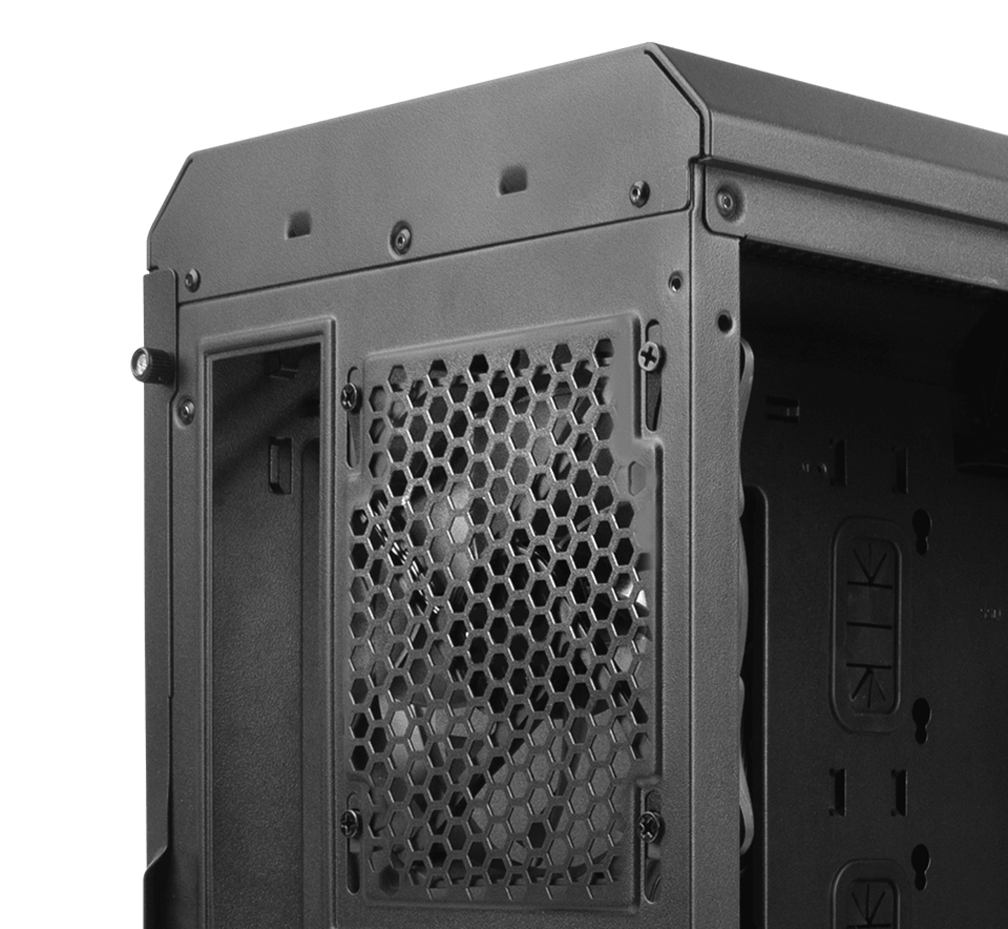 Boîtier mini tour Genesis Irid 503 V2 MATX noir avec un panneau en maille pour la ventilation et une fenêtre latérale transparente.