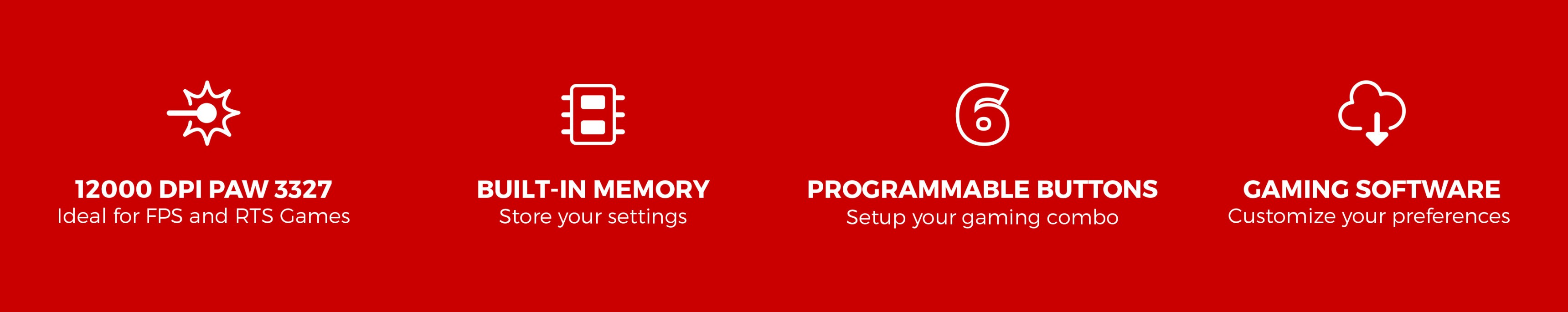 Les caractéristiques de la souris de jeu : 12000 DPI, mémoire intégrée, boutons programmables et logiciel de jeu personnalisable.