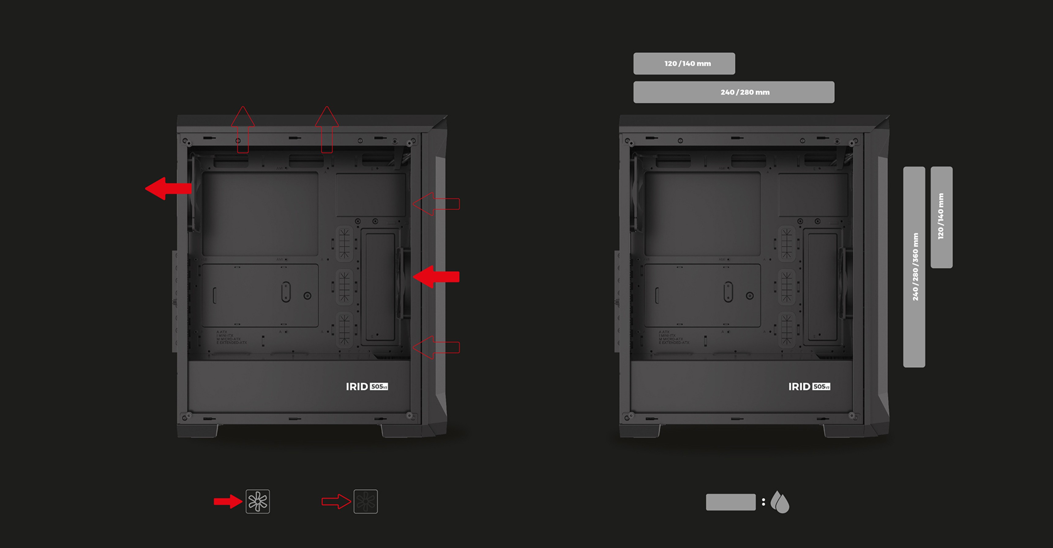 Boîtier tour MIDI Genesis Irid 505 V2 noir avec panneau latéral transparent, présentant la disposition interne et les points de montage.