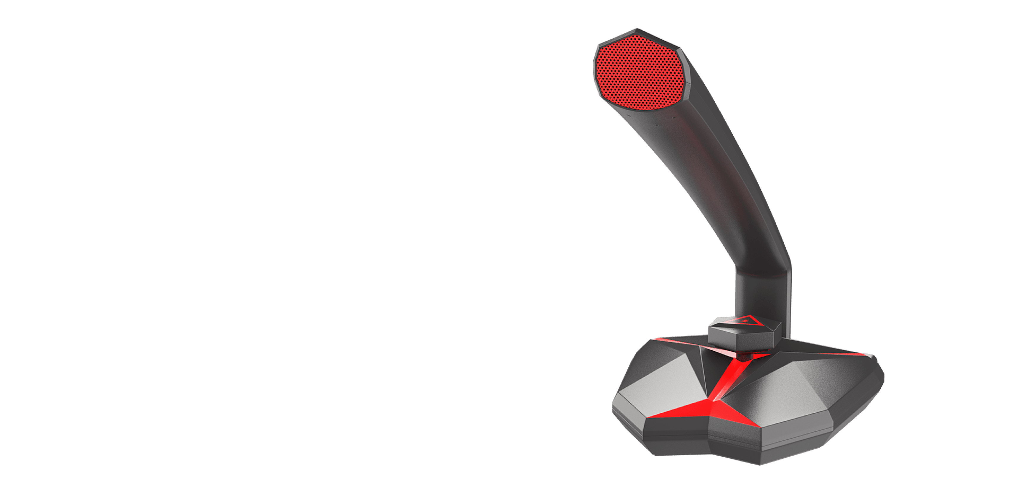Microphone élégant avec une tige noire incurvée, une grille rouge sur le dessus et une base géométrique avec des accents rouges et gris.