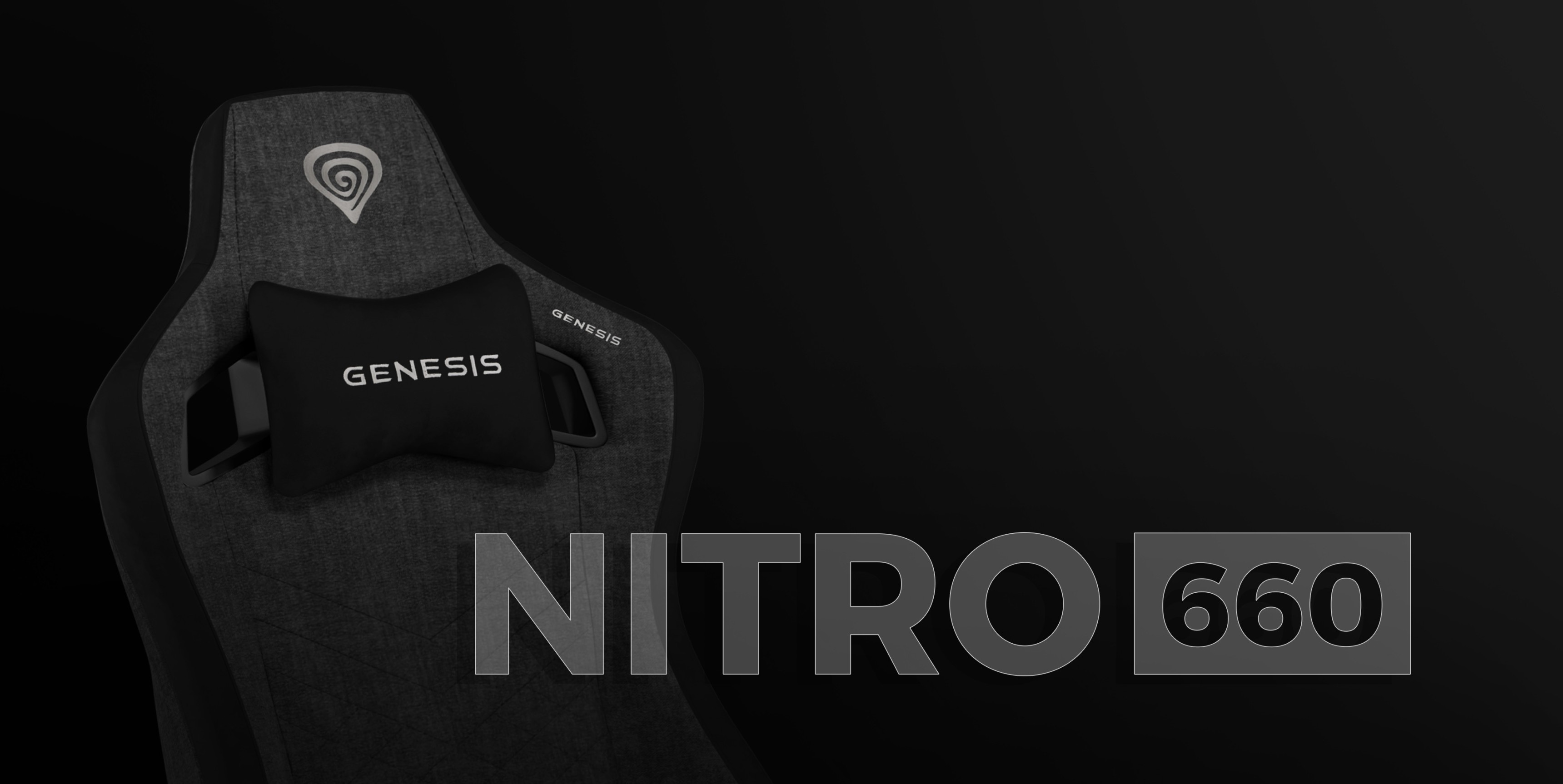 Chaise de jeu Genesis Nitro 660 grise comportant un appui-tête rembourré avec des détails de logo sur un fond sombre.