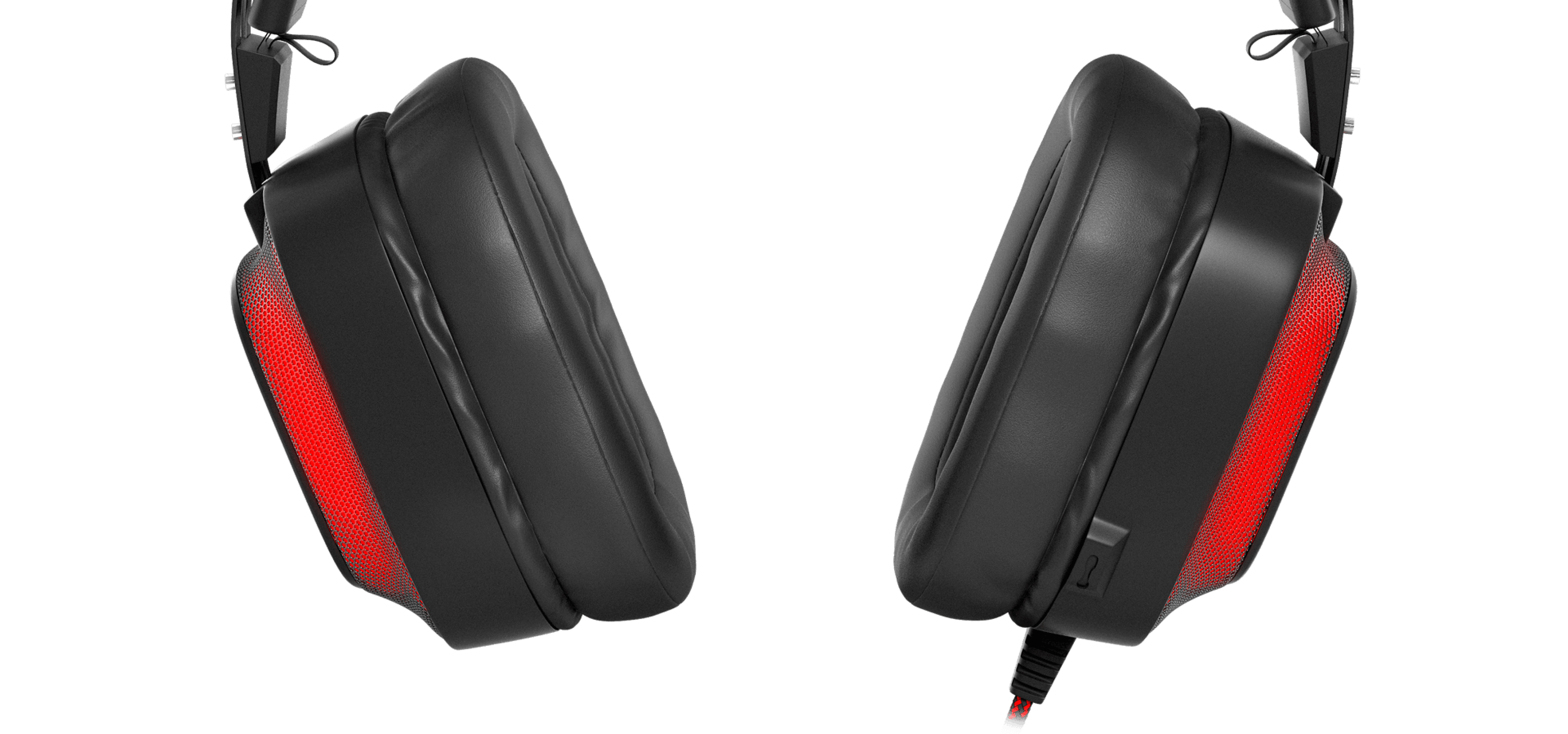 Casque supra-auriculaire Genesis Radon 720 noir et rouge avec une connexion USB et un microphone, mettant en valeur les oreillettes rembourrées.