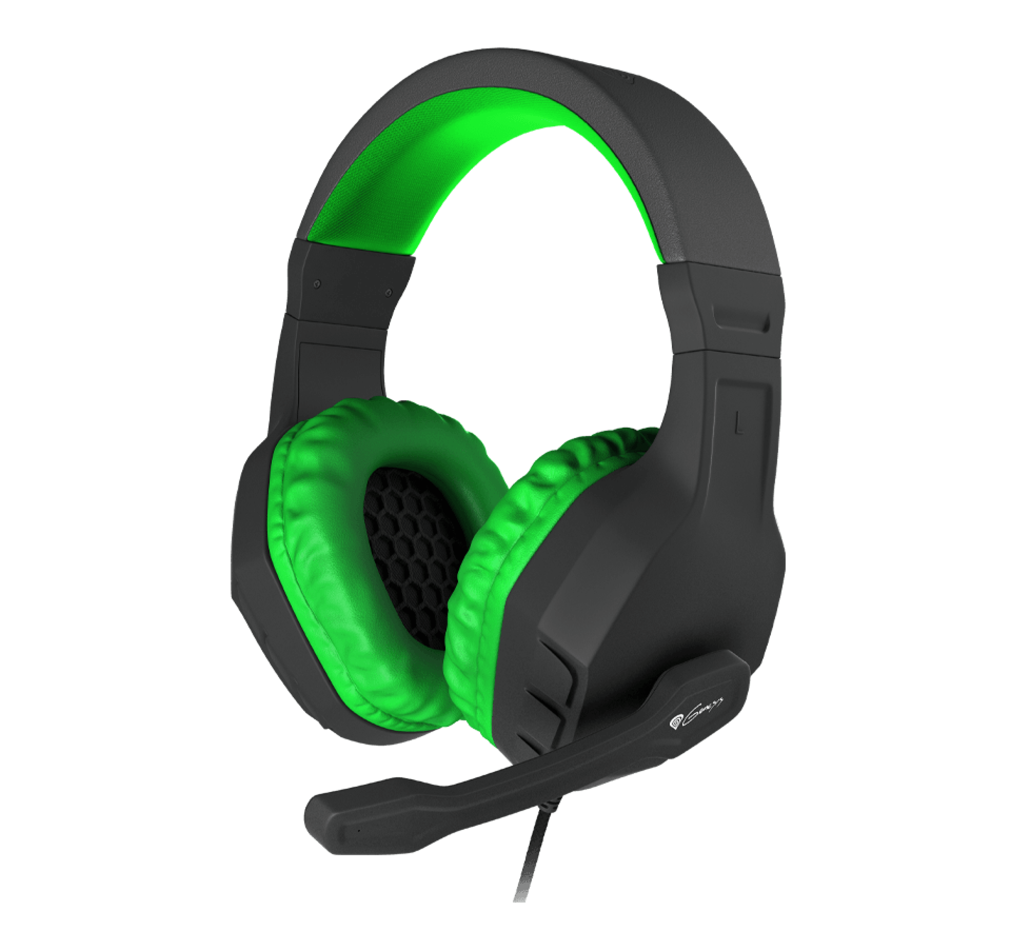 Casque de jeu supra-auriculaire noir et vert avec microphone, doté d'oreillettes rembourrées et d'un bandeau réglable.