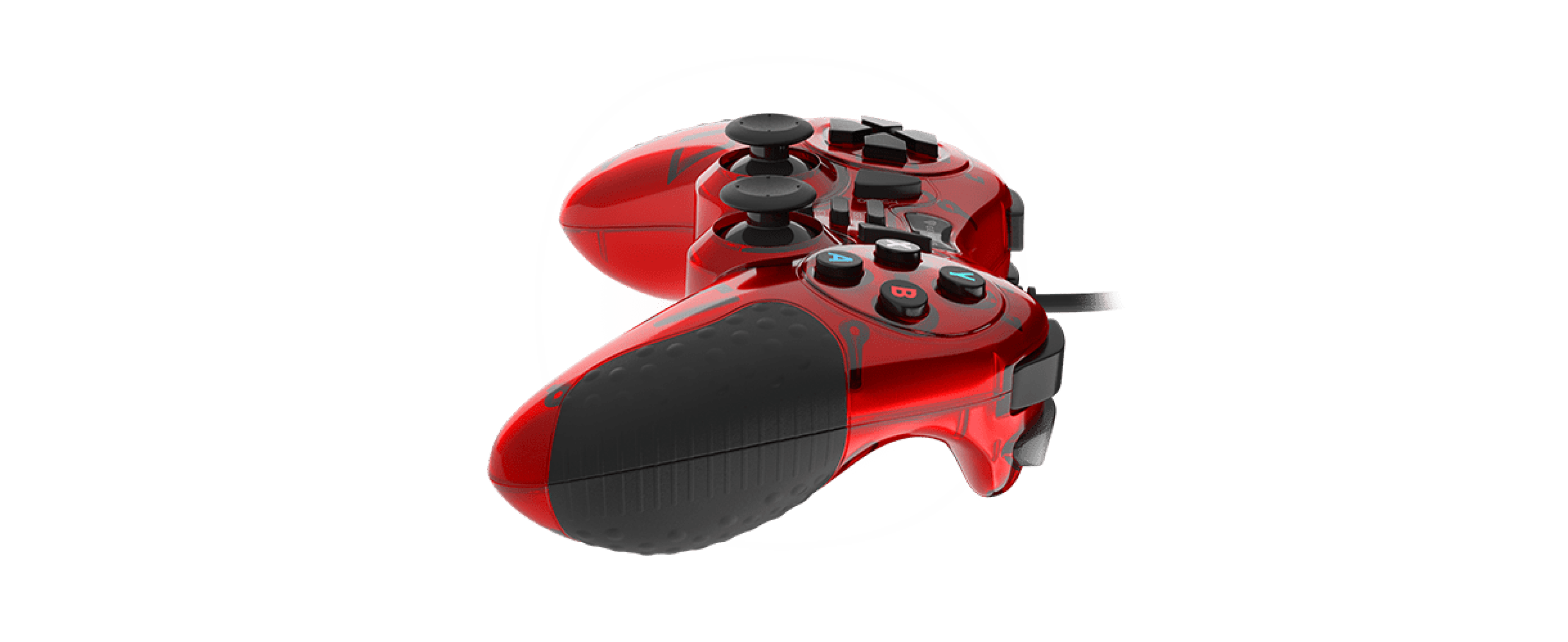 Manette de jeu filaire rouge pour PC avec plusieurs boutons et des poignées ergonomiques, conçue pour le confort et le contrôle du jeu.