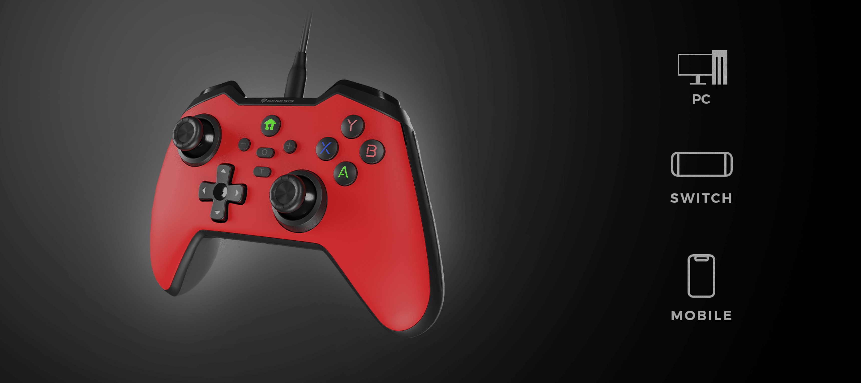 Contrôleur de jeu noir filaire compatible avec PC, Switch et appareils mobiles. Dispose d'un design ergonomique et de boutons colorés.