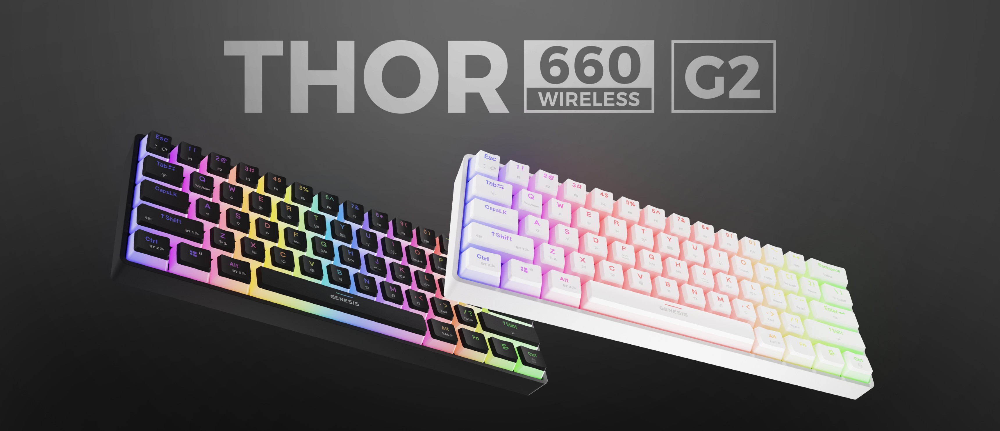 Clavier de jeu mécanique sans fil Genesis Thor 660 G2, doté d'un rétroéclairage RVB coloré, présenté dans les modèles noir et blanc.