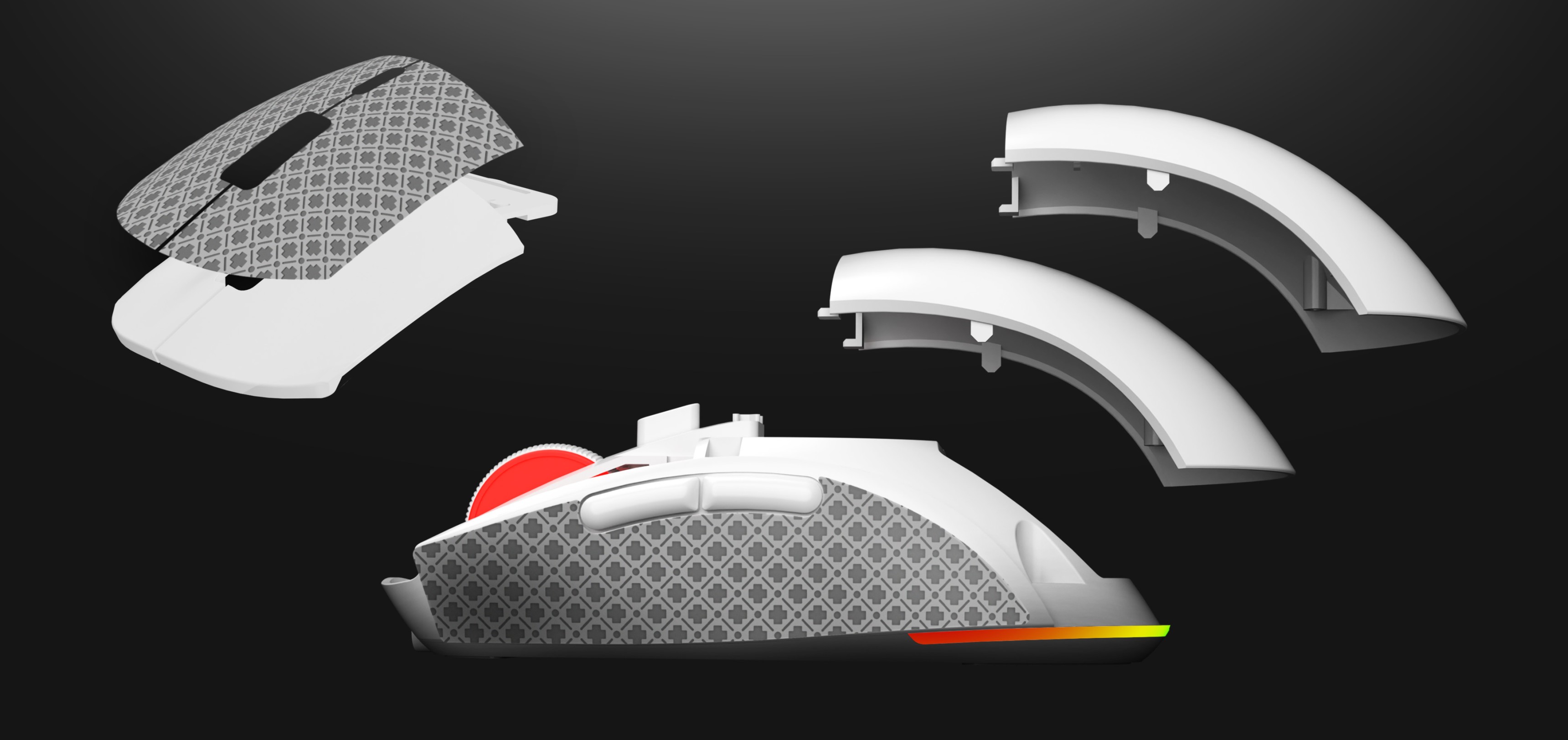 Souris de jeu sans fil avec panneaux personnalisables, dotée d'un capteur à haut DPI et d'un design ergonomique en noir et blanc.