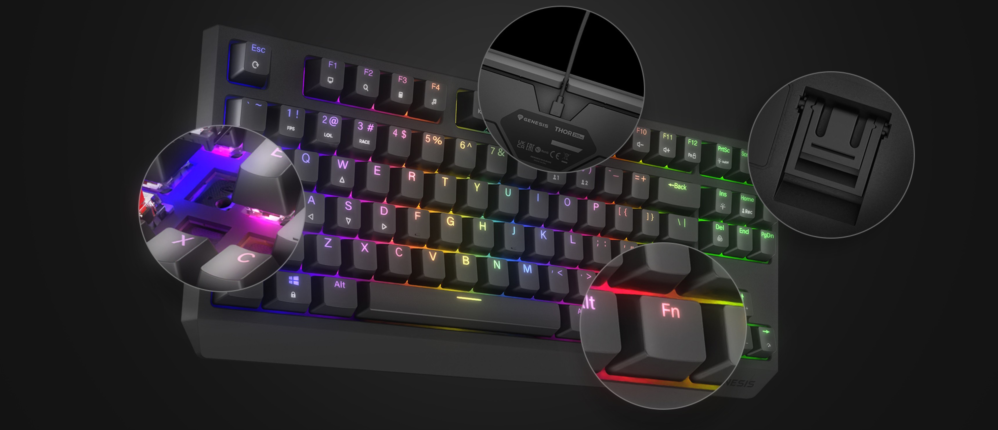 Clavier de jeu mécanique avec éclairage RVB personnalisable, commutateurs de touches interchangeables à chaud et disposition TKL compacte.