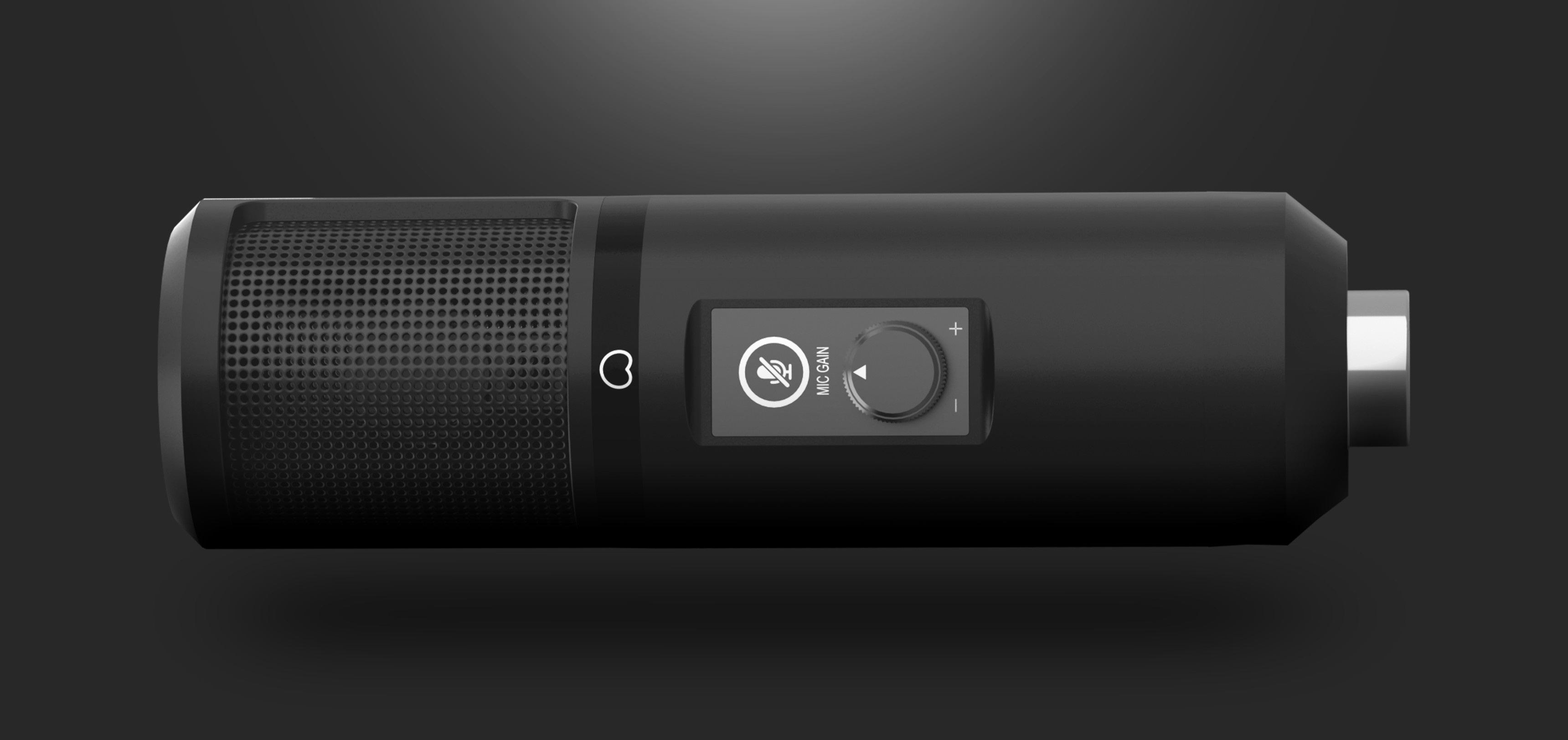 Microphone de studio USB avec filtre anti-pop, doté d'un design noir élégant et d'un bouton de contrôle pour les réglages audio.