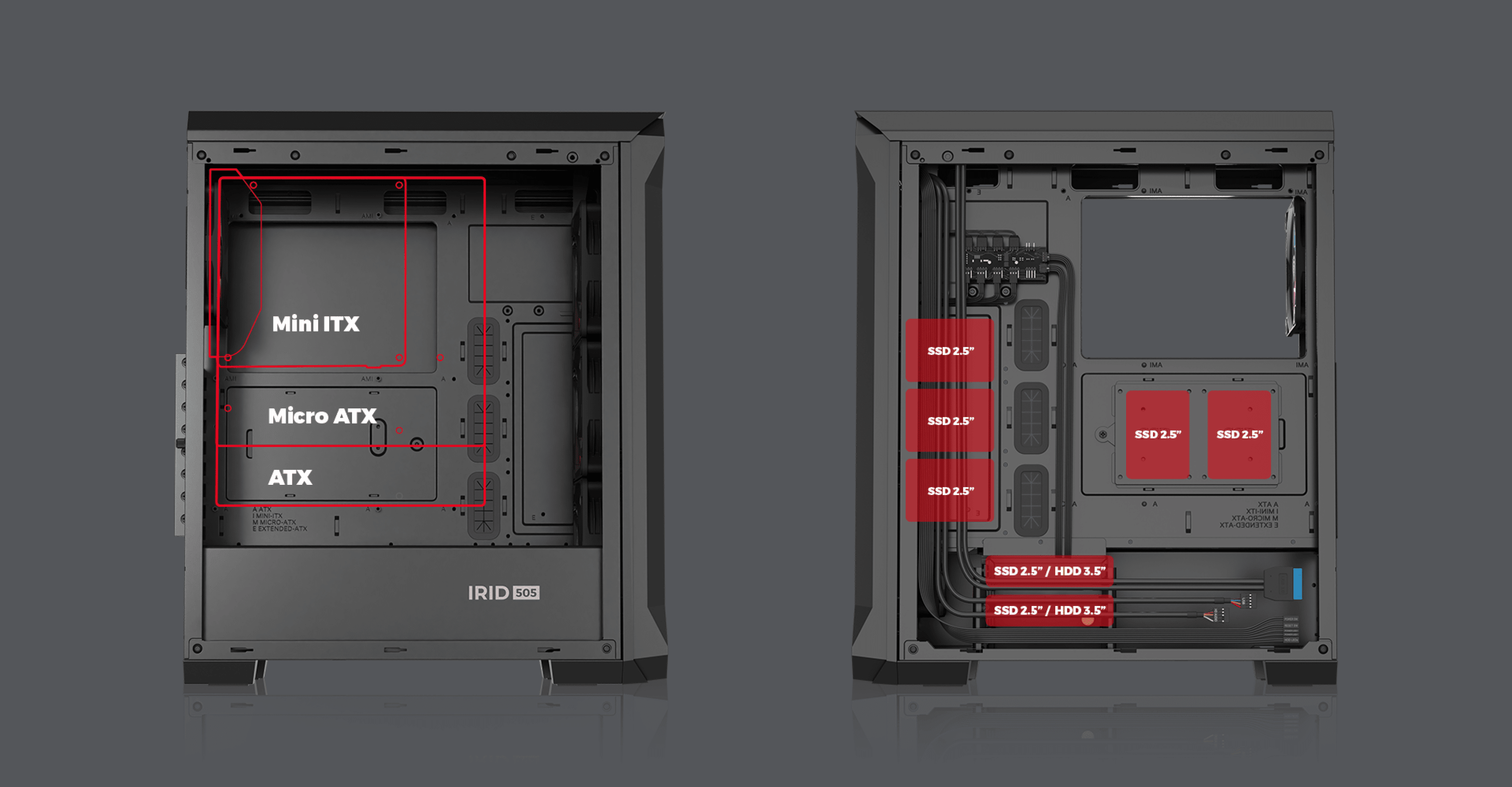 Boîtier tour MIDI Genesis Irid 505 ARGB V2 noir avec panneau latéral transparent et options de compatibilité de carte mère étiquetées.