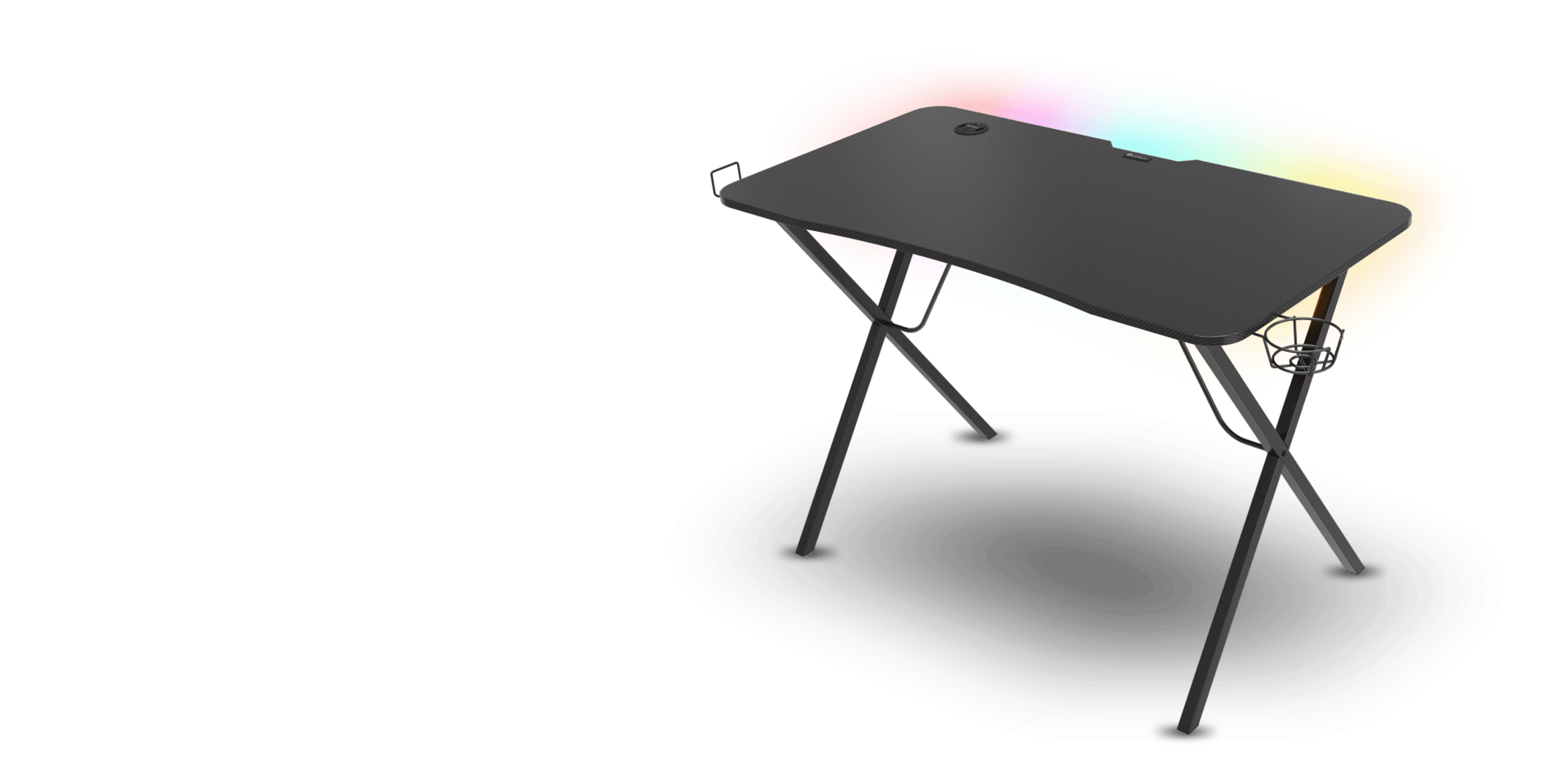 Bureau de jeu noir avec éclairage RVB, doté d'une surface lisse et de pieds robustes, conçu pour le confort et le style.