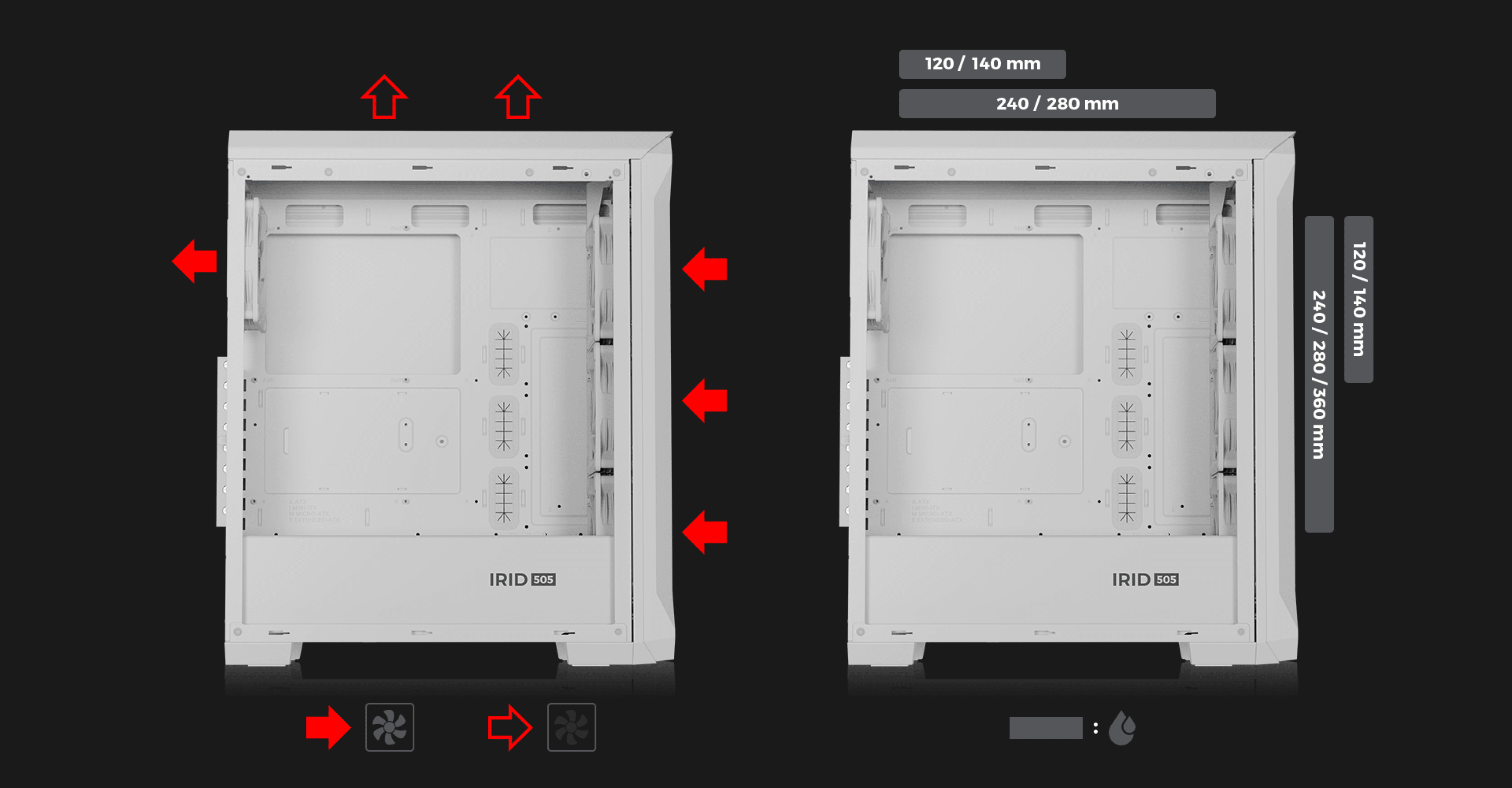 Boîtier PC tour MIDI en blanc avec caractéristiques ARGB, montrant les spécifications des emplacements de ventilateurs et les options d'agencement interne.