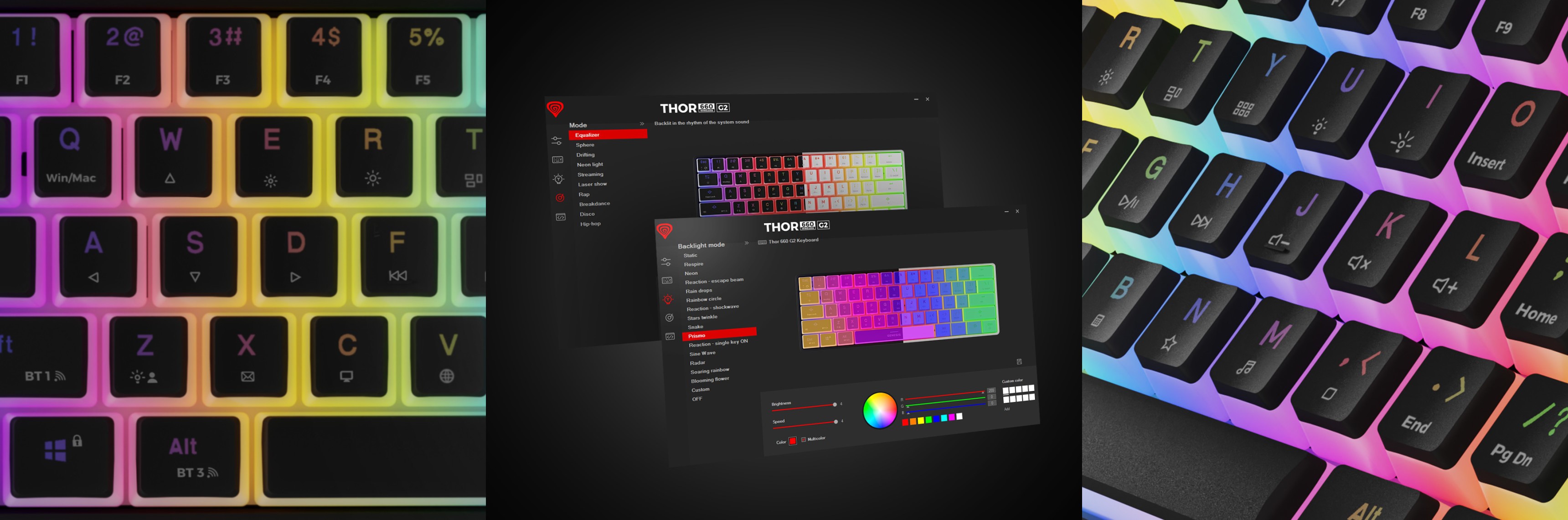 Clavier de jeu mécanique RVB sans fil avec commutateurs Gateron Red, mettant en valeur l'éclairage coloré des touches et l'interface de paramétrage personnalisable.