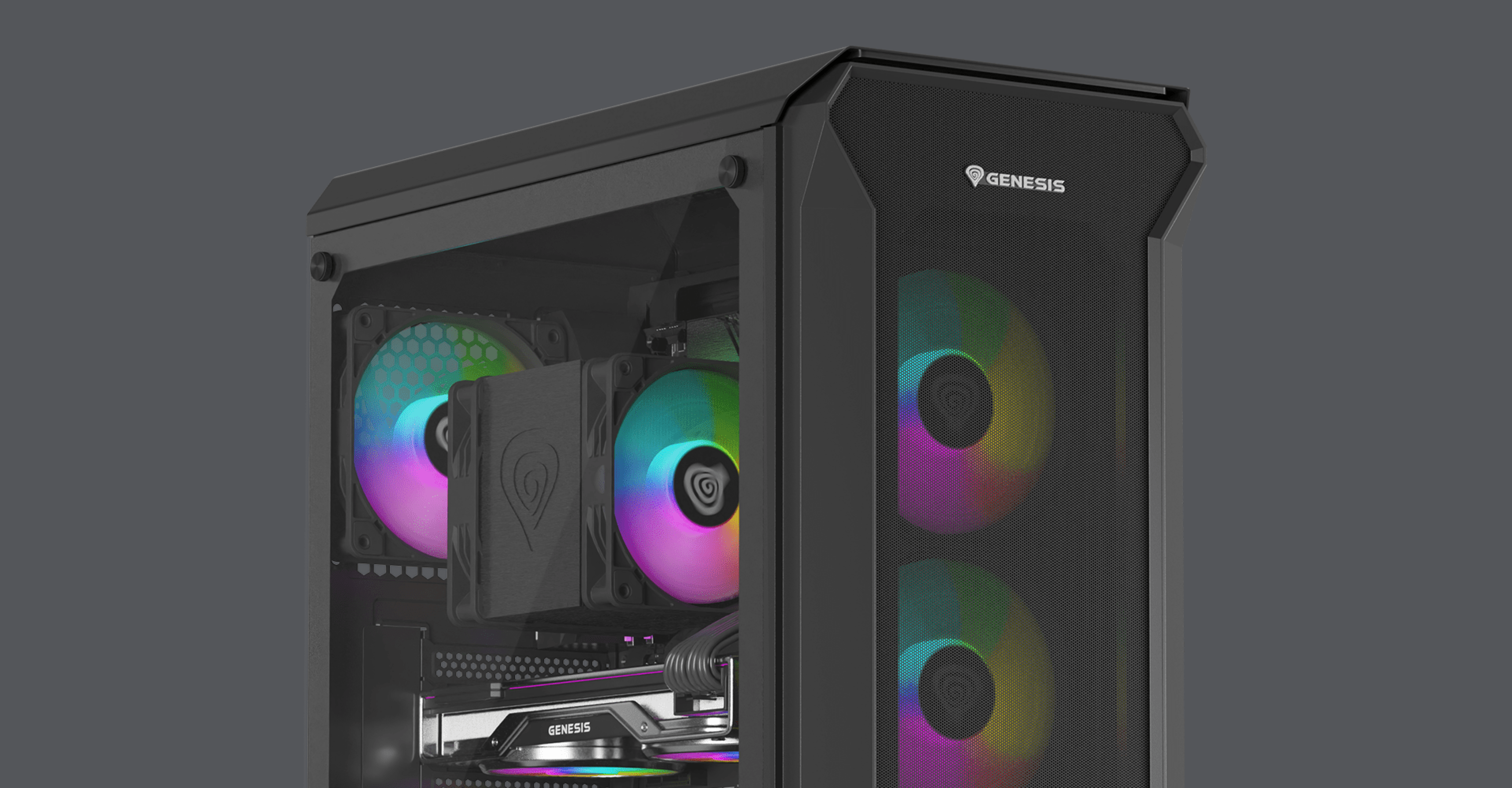 Boîtier tour Genesis Irid 505 ARGB V2 MIDI noir avec panneau latéral transparent et ventilateurs RVB, mettant en valeur le design moderne.