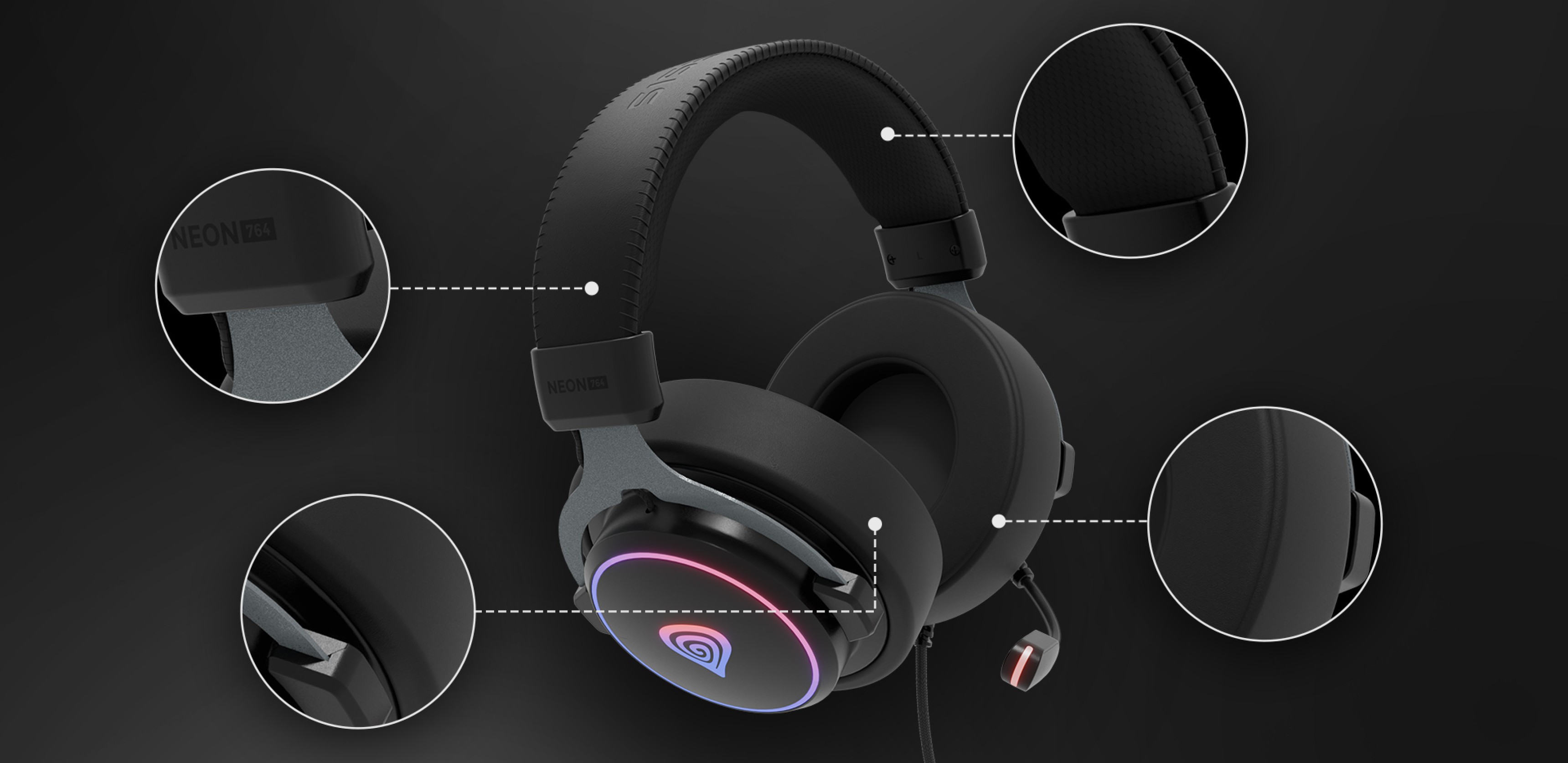 Casque d'écoute filaire Black Genesis Neon 764 RGB avec des oreillettes réglables, un microphone et des accents lumineux.