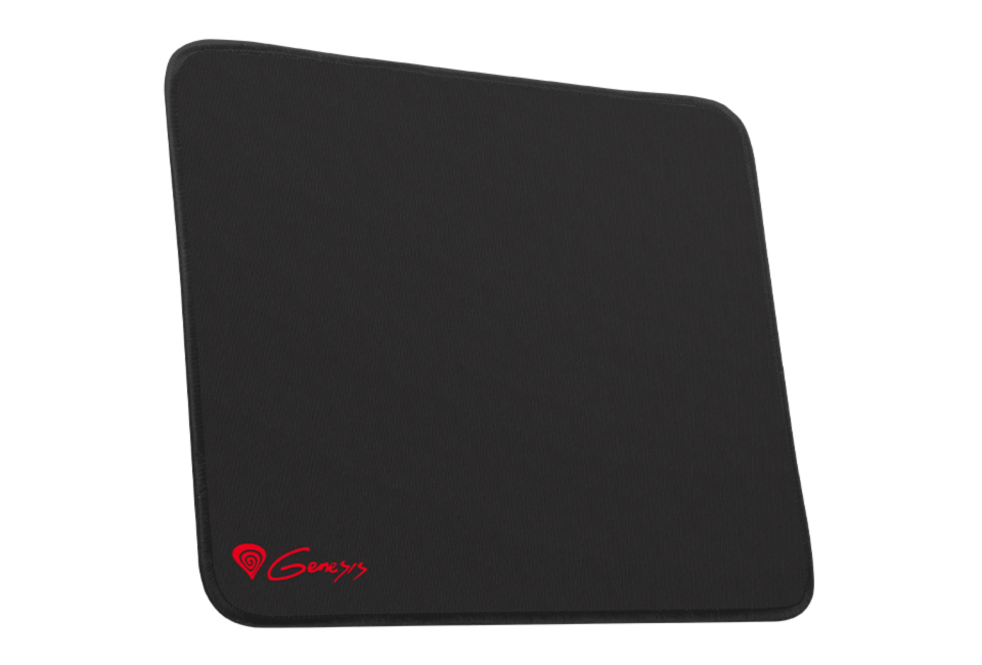 Tapis de souris noir avec une surface lisse et un logo rouge "Genesis" dans le coin inférieur gauche. Les dimensions sont de 250x210mm