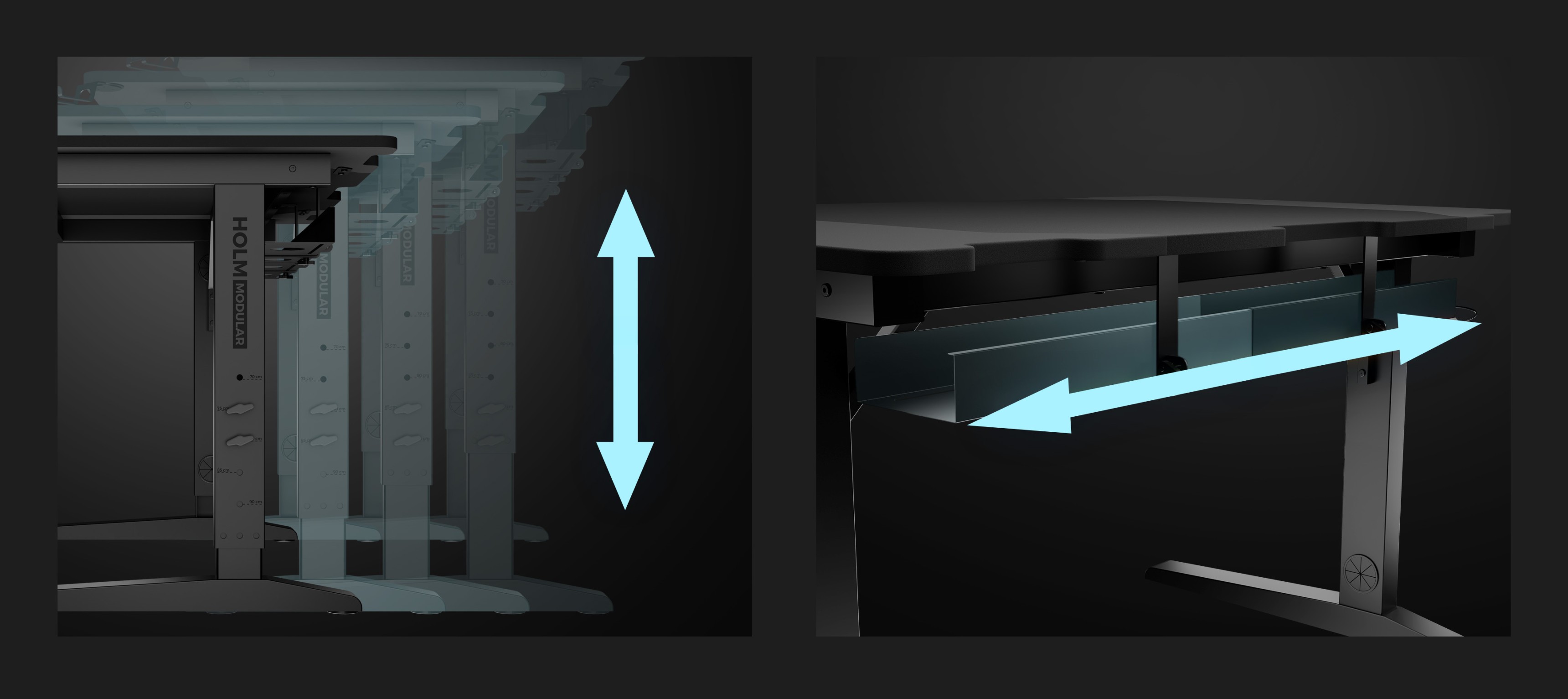 Vue détaillée du bureau de jeu Genesis Holm Modular 160 Corner, présentant la hauteur réglable et un système de gestion des câbles coulissant.