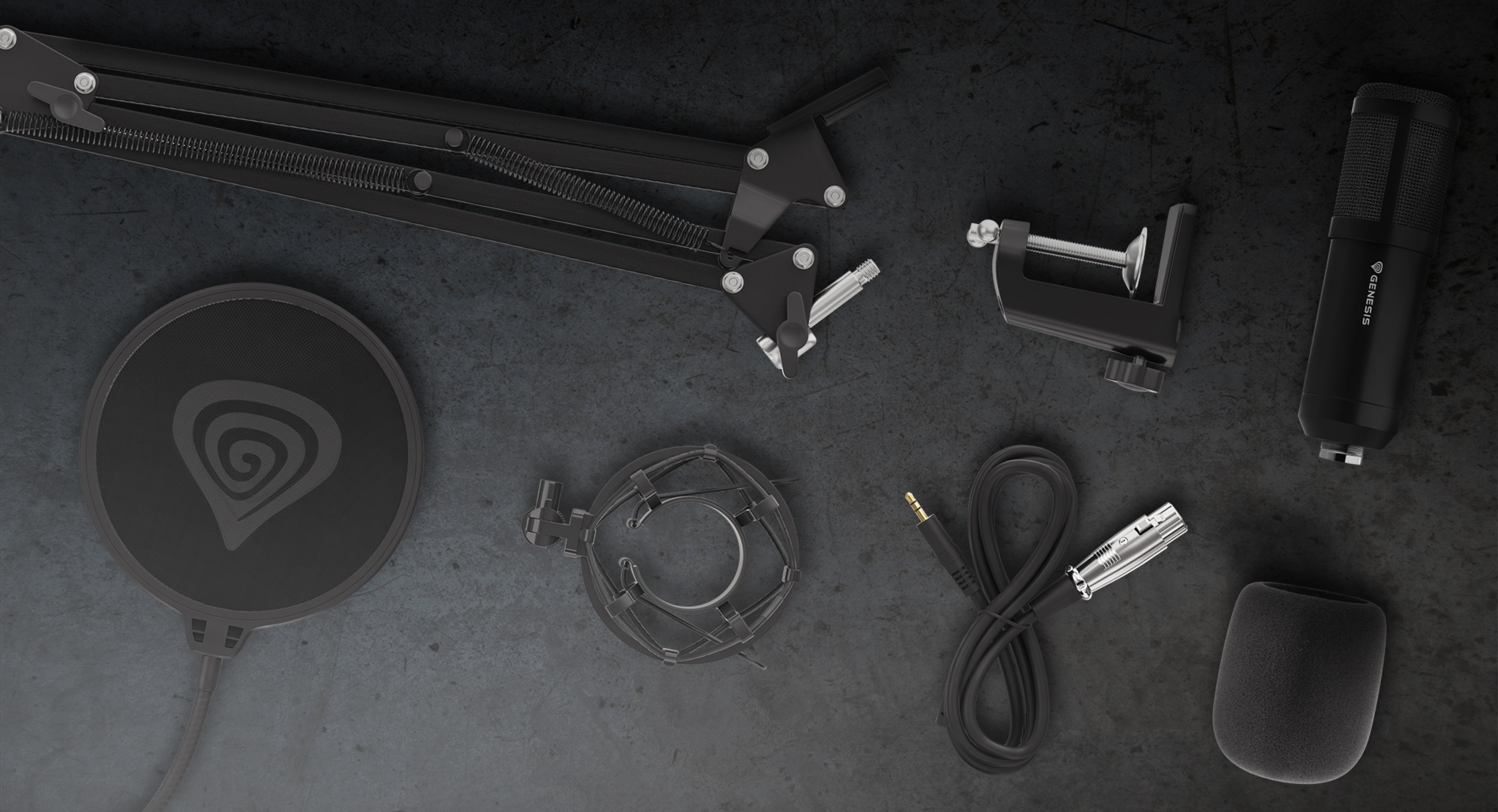 Ensemble de microphones de studio comprenant le Genesis Radium 300, un filtre anti-pop, un bras de perche, un support de choc, un câble et un pied de microphone.