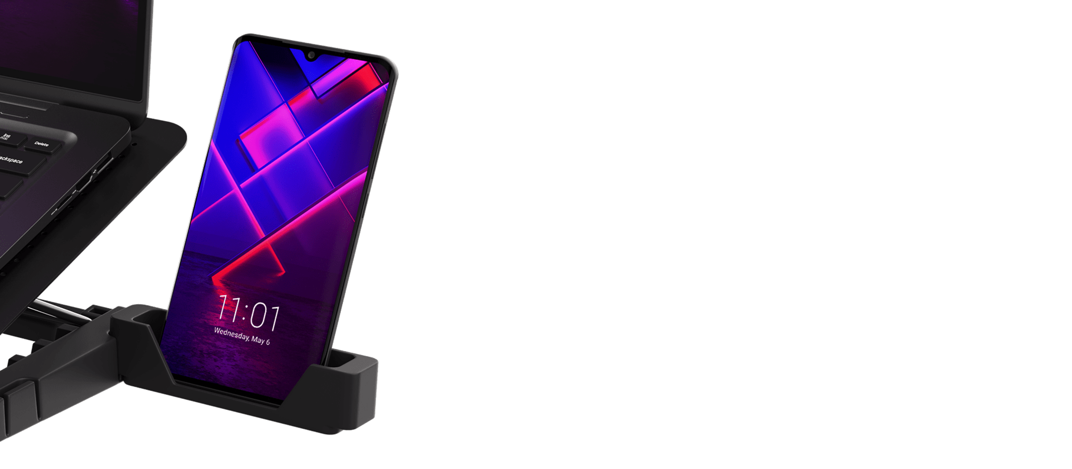 Coussin de refroidissement pour ordinateurs portables avec éclairage RVB, ventilateur et deux ports USB. Comprend un support pour un smartphone.