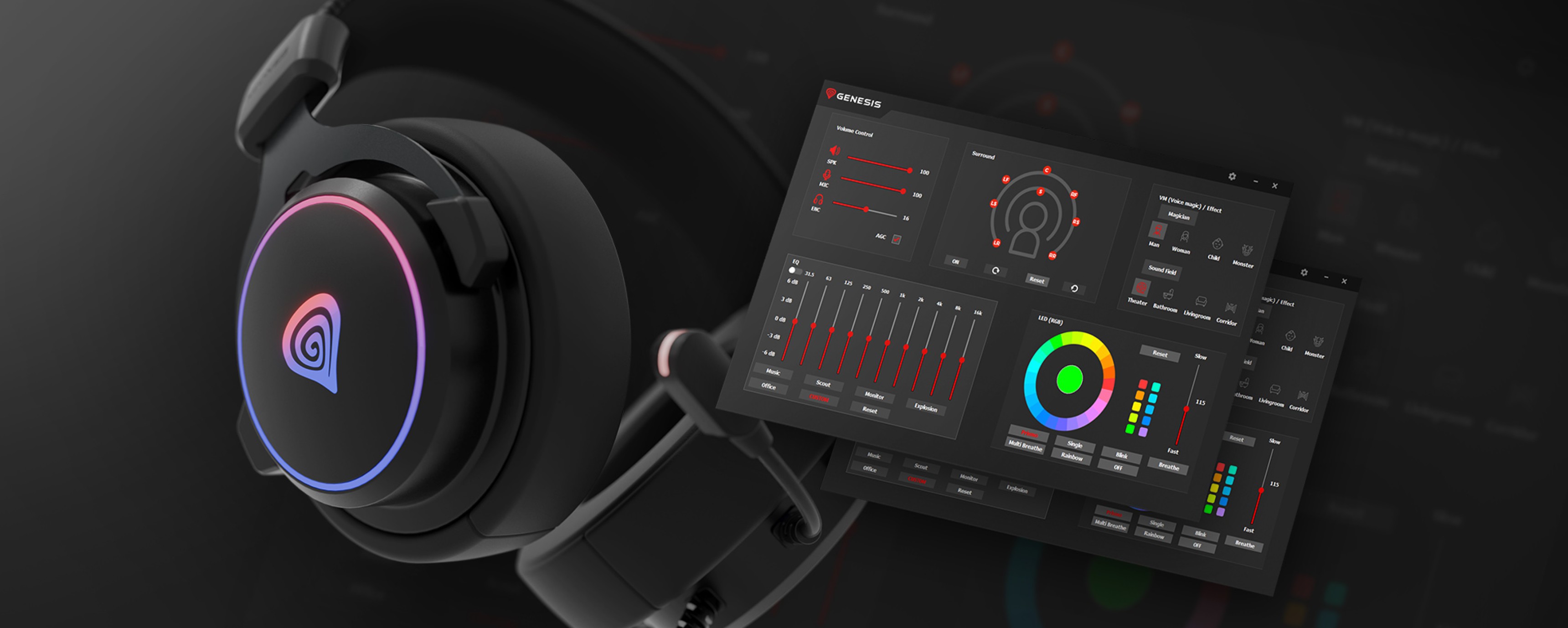 Casque supra-auriculaire Genesis Neon 764 RGB noir avec microphone, doté d'un éclairage RGB personnalisable et d'une interface logicielle d'accompagnement.