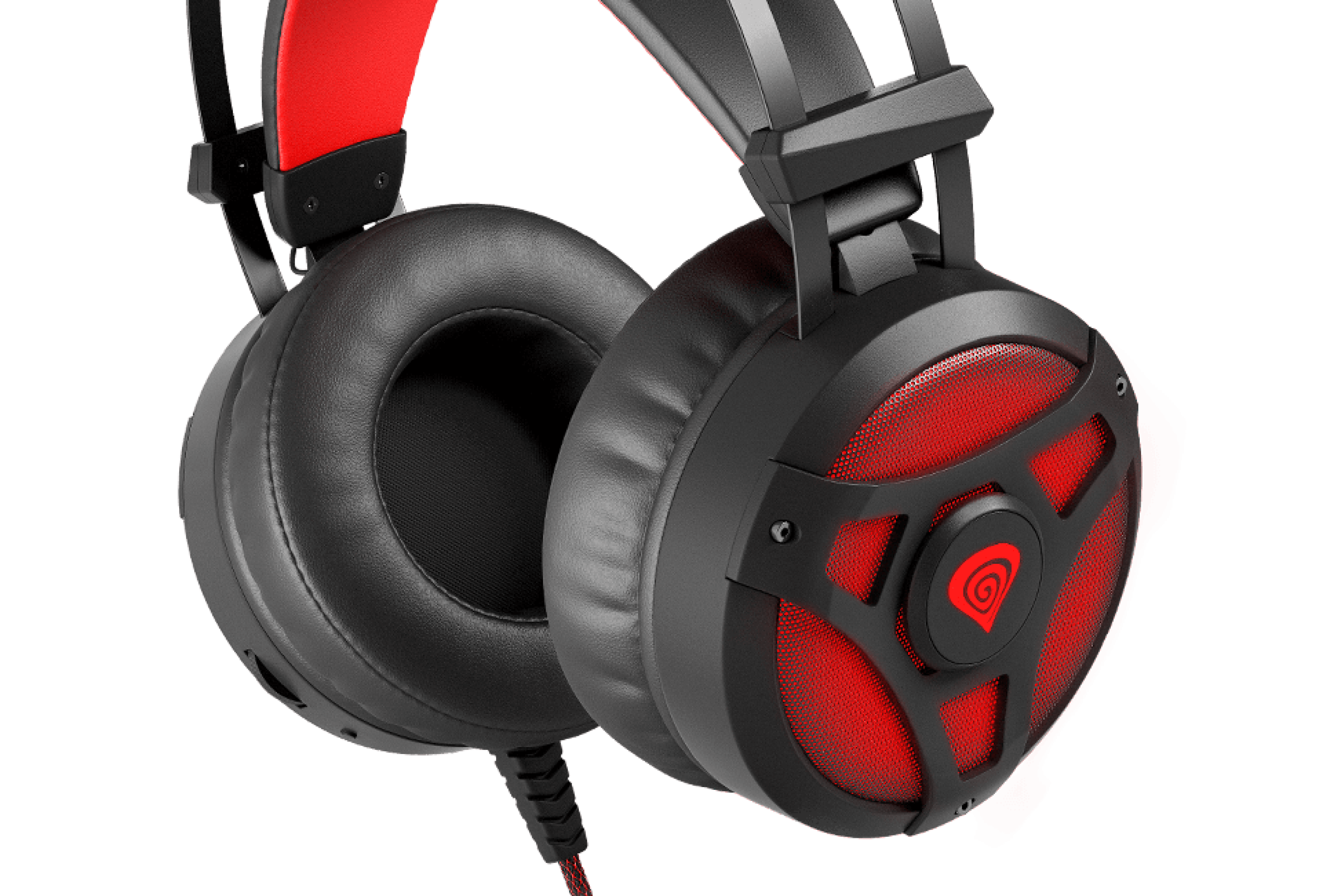 Casque supra-auriculaire Genesis Neon 360 noir et rouge avec un microphone et un design illuminé. Coussinets souples pour le confort