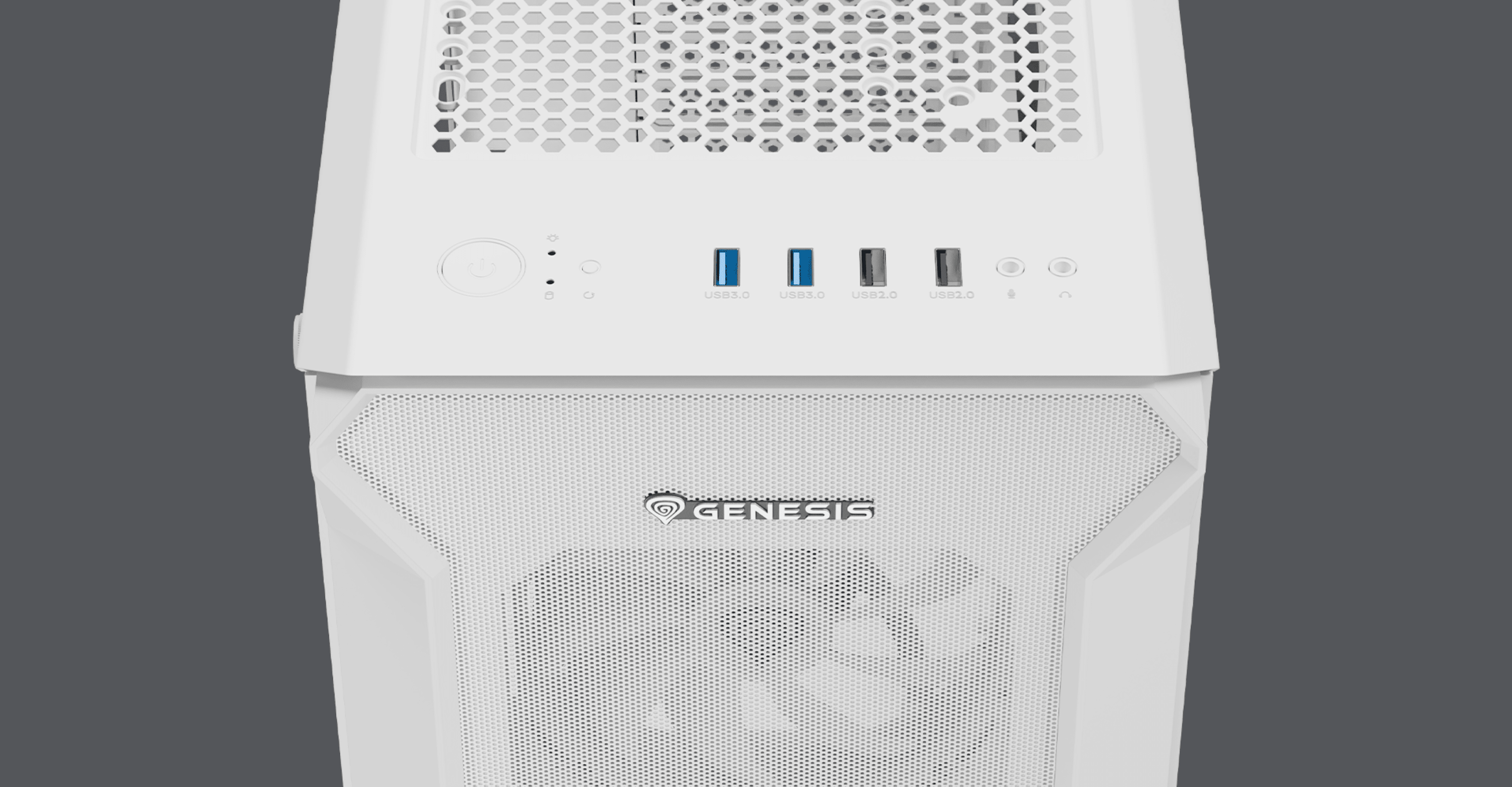 Boîtier tour MIDI Genesis Irid 505 ARGB V2 blanc avec dessus et panneau avant en maille, doté de ports USB et d'un bouton d'alimentation.