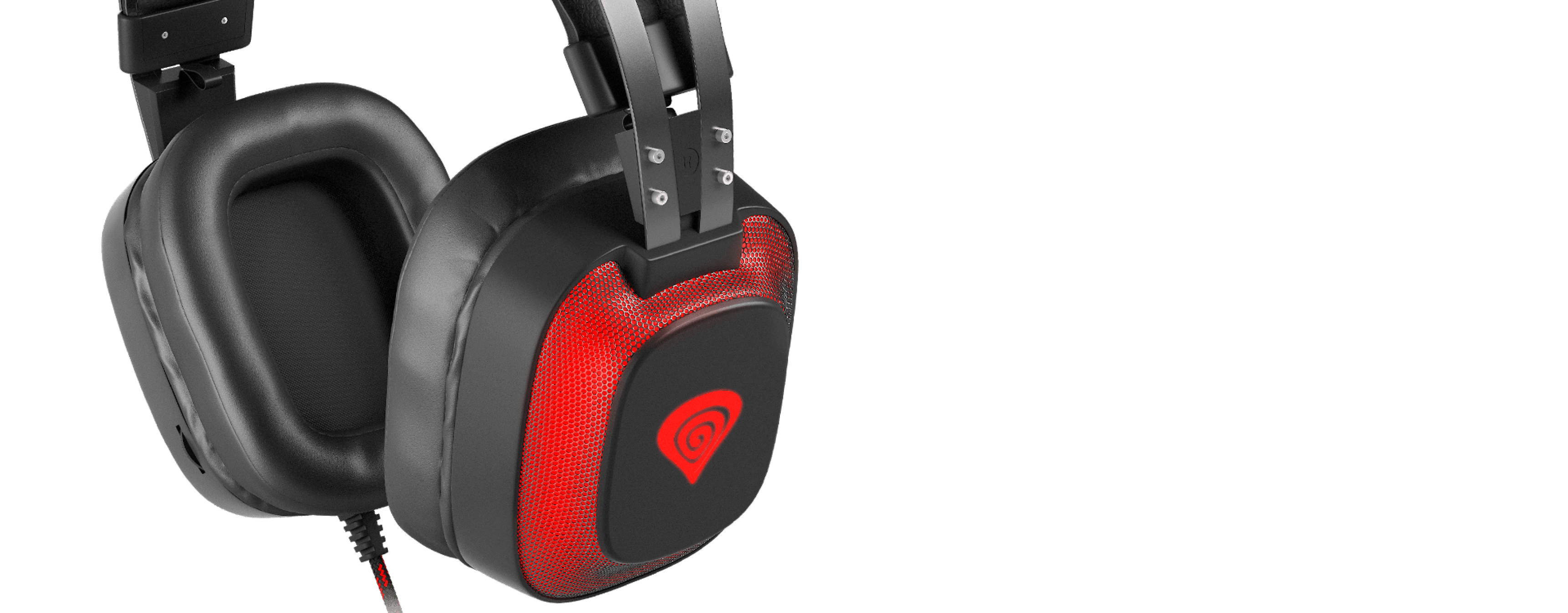 Casque de jeu Genesis Radon 720 7.1 noir et rouge avec un microphone et une connexion USB, doté d'un design élégant.