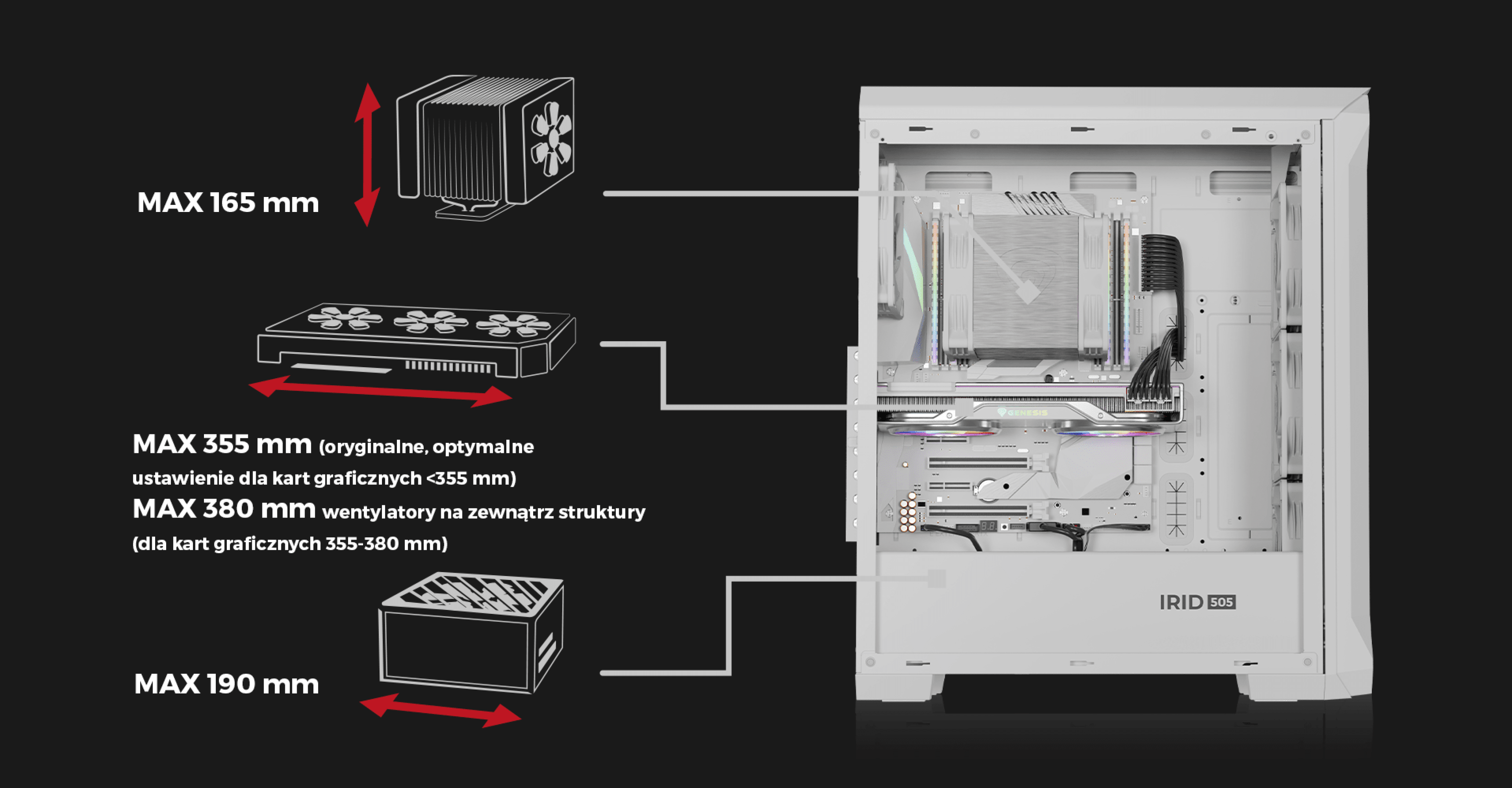 Boîtier tour Genesis IRID 505 ARGB V2 MIDI blanc avec transparence, indiquant les limites de taille maximale des composants pour les cartes graphiques, les refroidisseurs de CPU et les blocs d'alimentation.