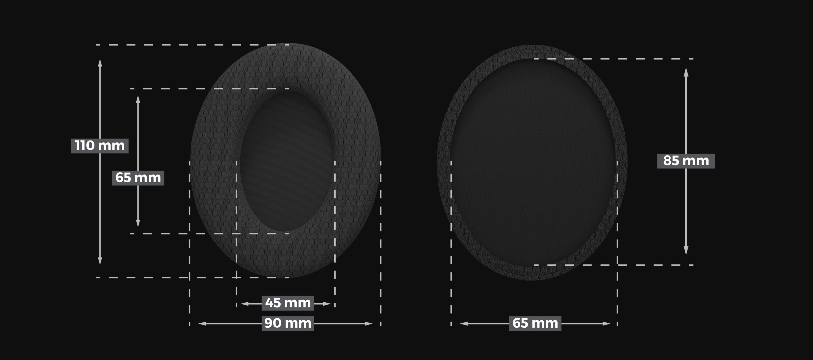 Coussinets en textile pour le casque Genesis Toron EP02, présentant des dimensions détaillées et un design épuré.