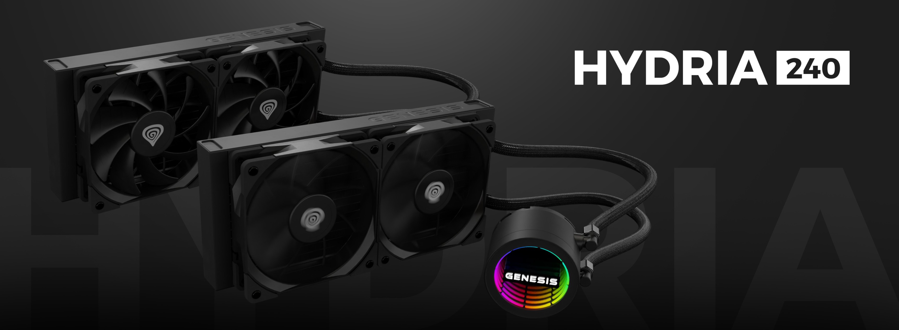 Système de refroidissement à eau Black Genesis Hydria 240 doté de deux ventilateurs et d'une pompe RGB pour une esthétique et des performances accrues.