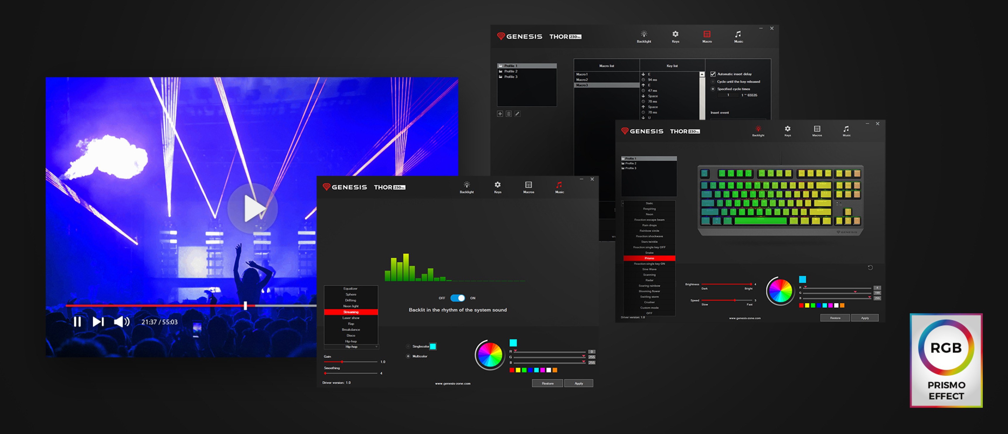 Une interface logicielle de clavier affichant des options de personnalisation RVB et des profils pour le clavier mécanique Genesis Thor 230 TKL.